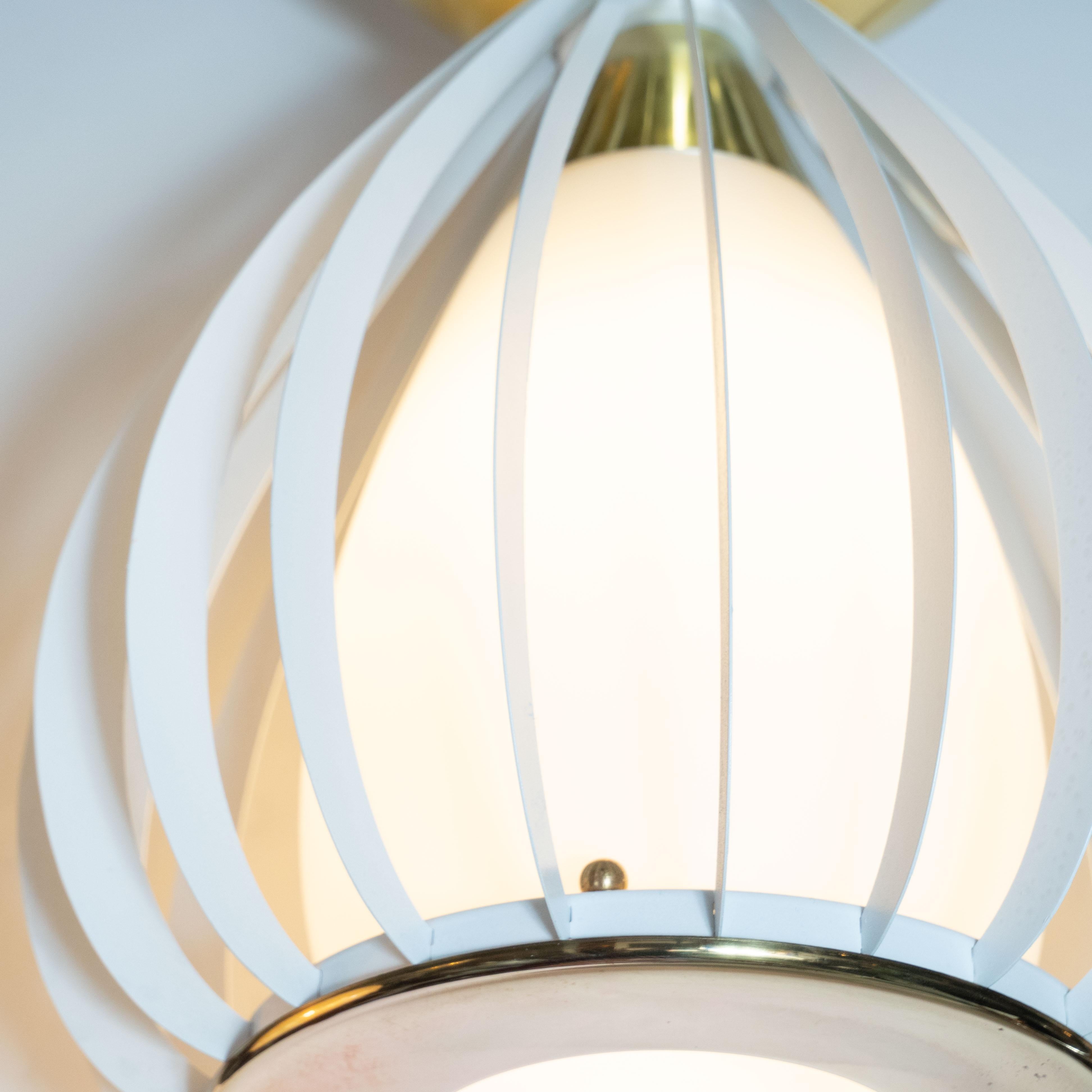 Italian Mid-Century Modern White Enamel, Brass and Frosted Glass Lantern Chandelier For Sale