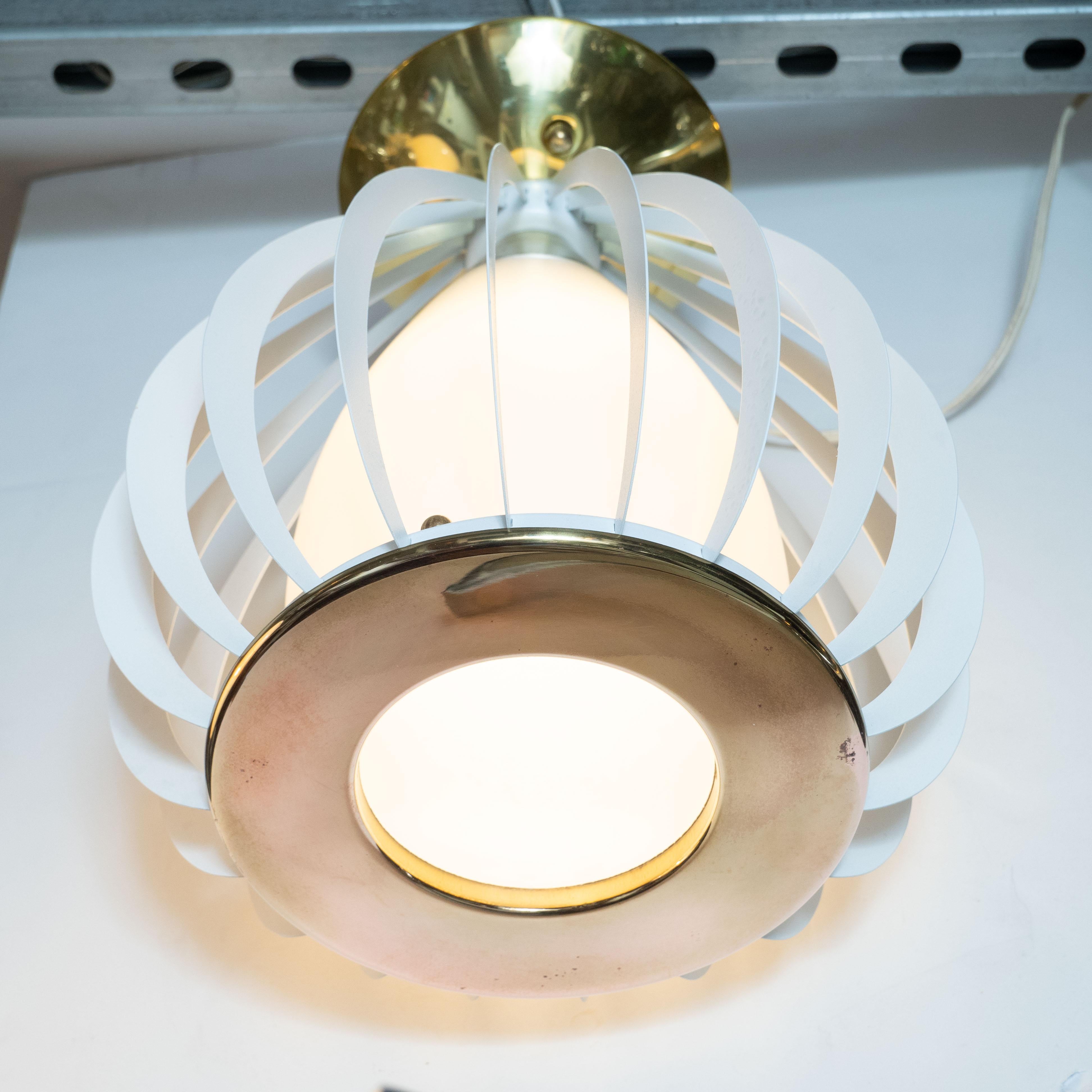 Mid-Century Modern White Enamel, Brass and Frosted Glass Lantern Chandelier In Excellent Condition For Sale In New York, NY