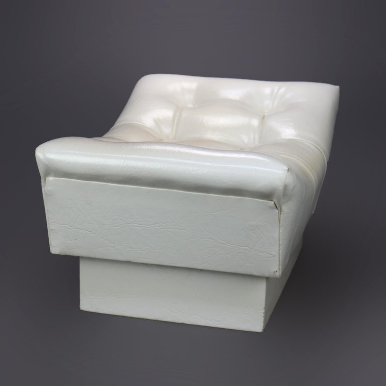 MidCentury Modern White Faux Leather Tufted Bench Footstool Circa 1960
