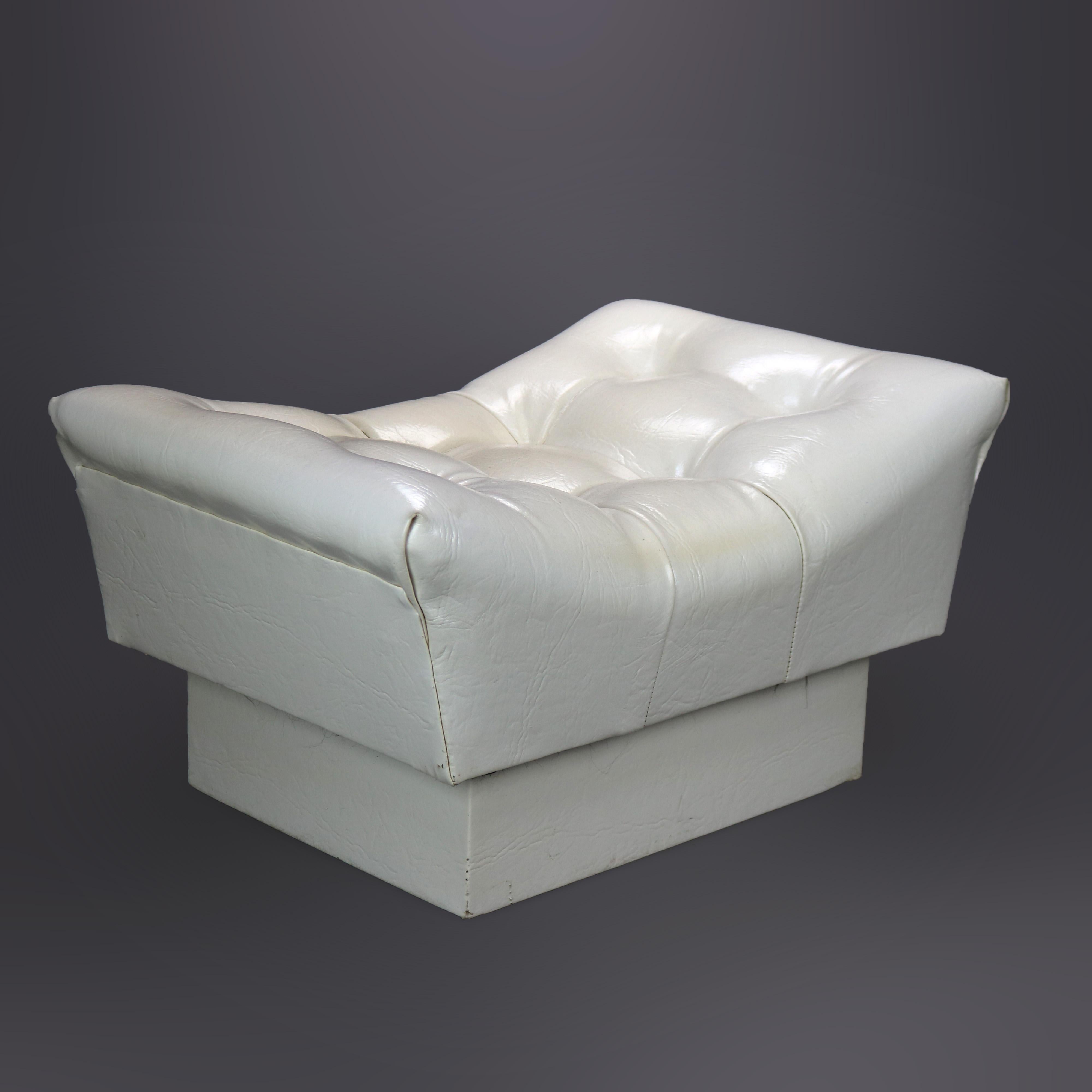 Mid-Century Modern White Faux Leather Tufted Bench Footstool Circa 1960 2