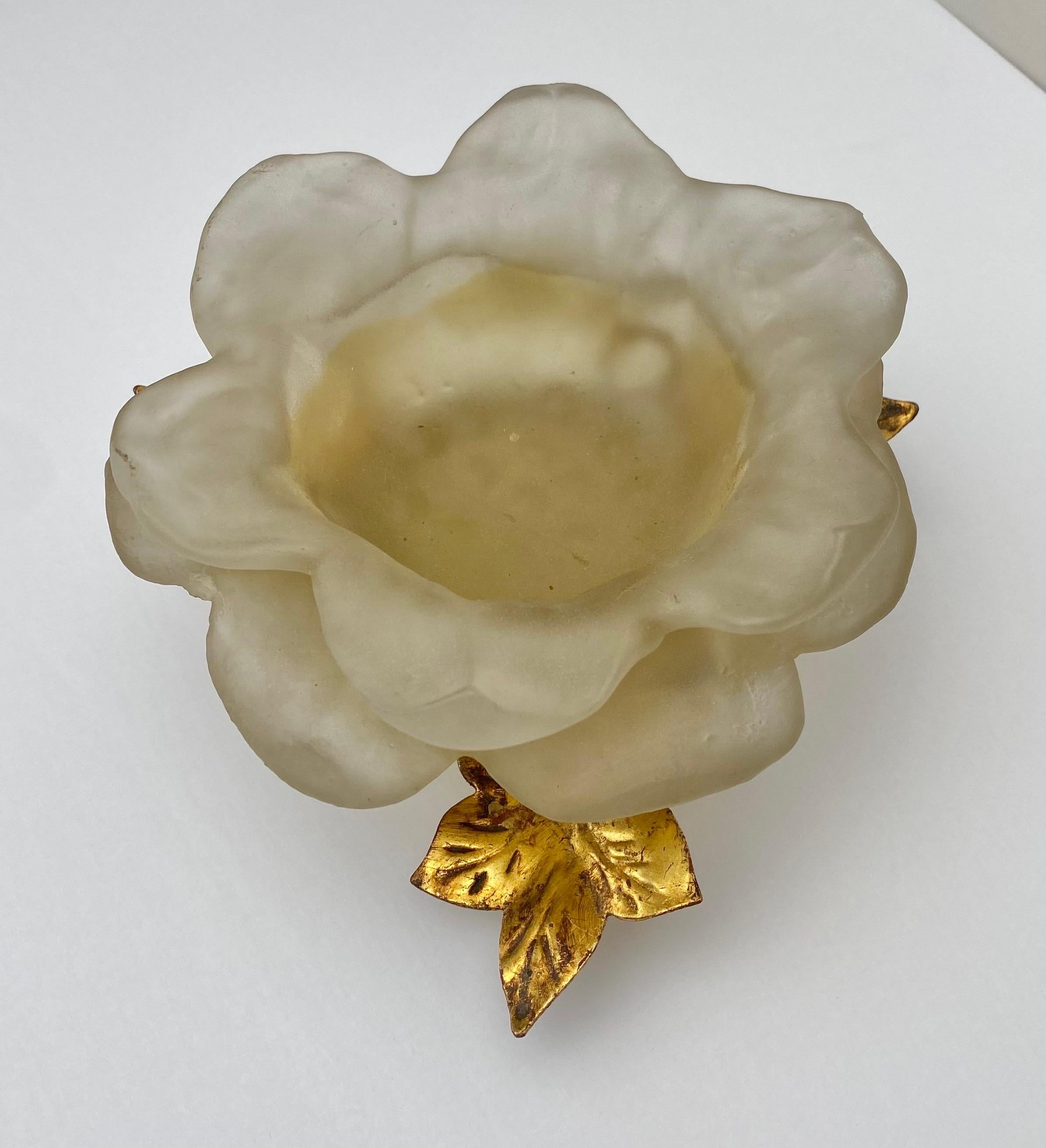 Mid-Century Modern Mid Century Modern White Frosted Lucite Flower Candle Holder with Gold Leaves For Sale
