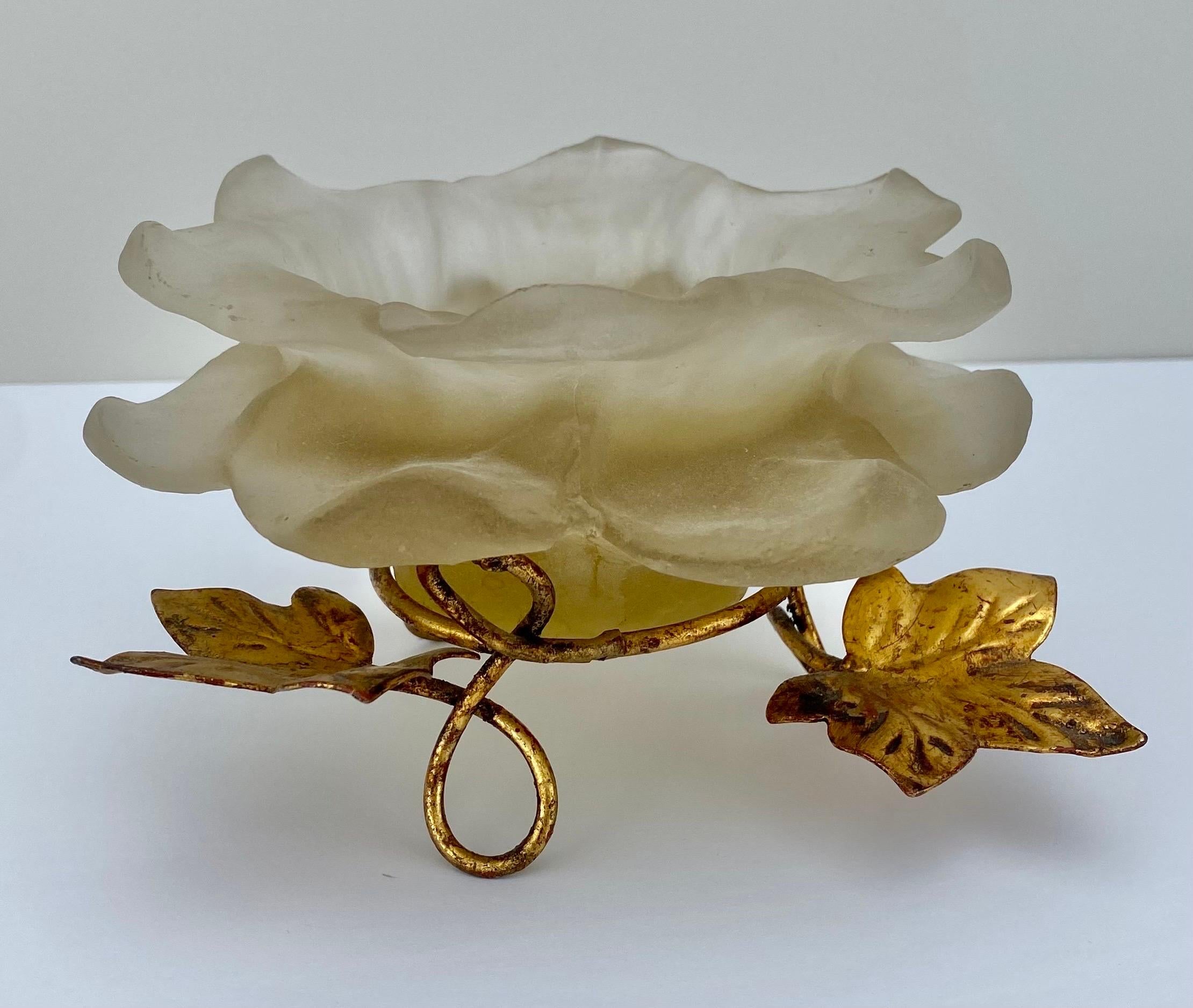 20th Century Mid Century Modern White Frosted Lucite Flower Candle Holder with Gold Leaves For Sale