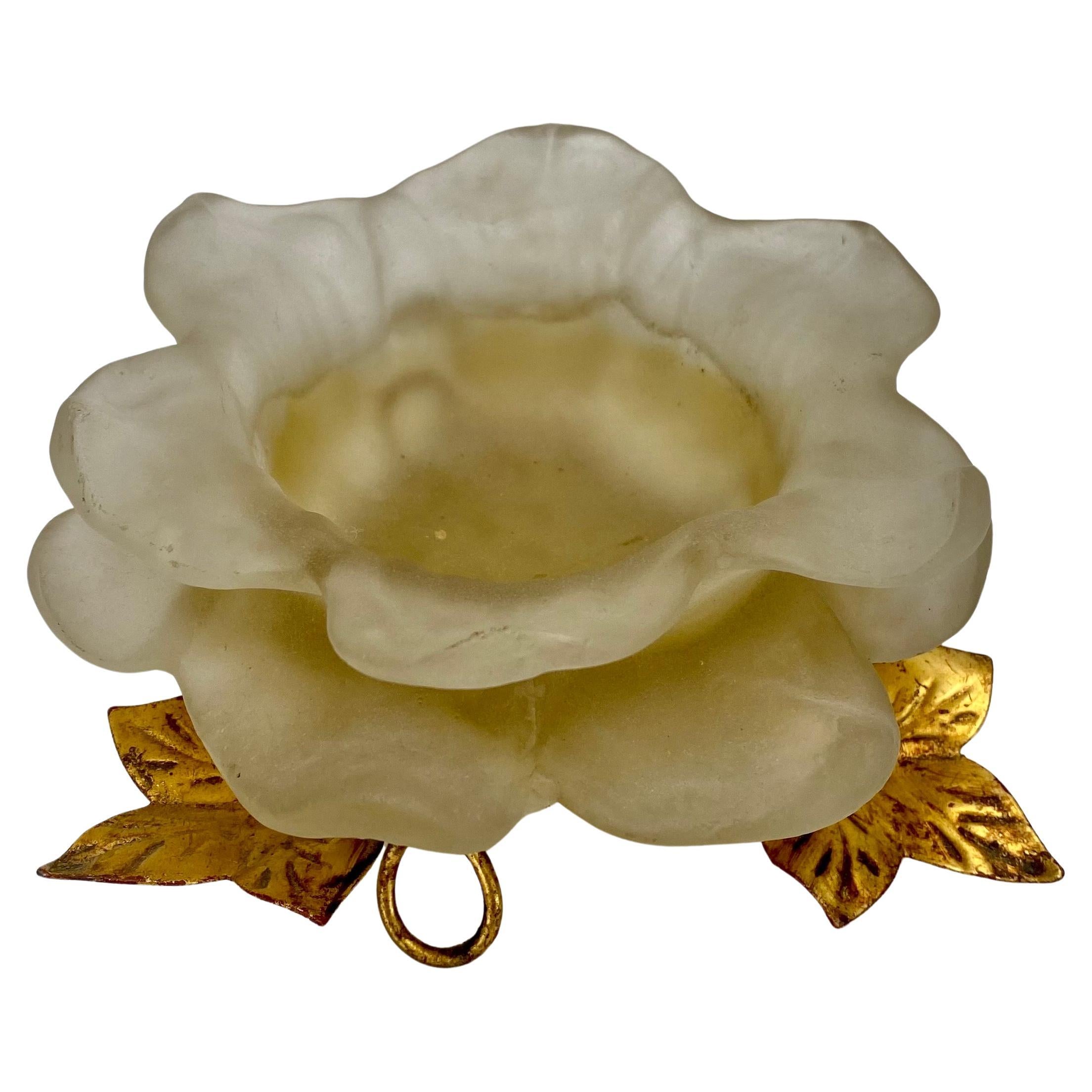 Mid Century Modern White Frosted Lucite Flower Candle Holder with Gold Leaves For Sale