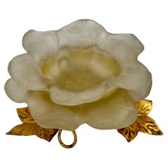 Retro Mid Century Modern White Frosted Lucite Flower Candle Holder with Gold Leaves