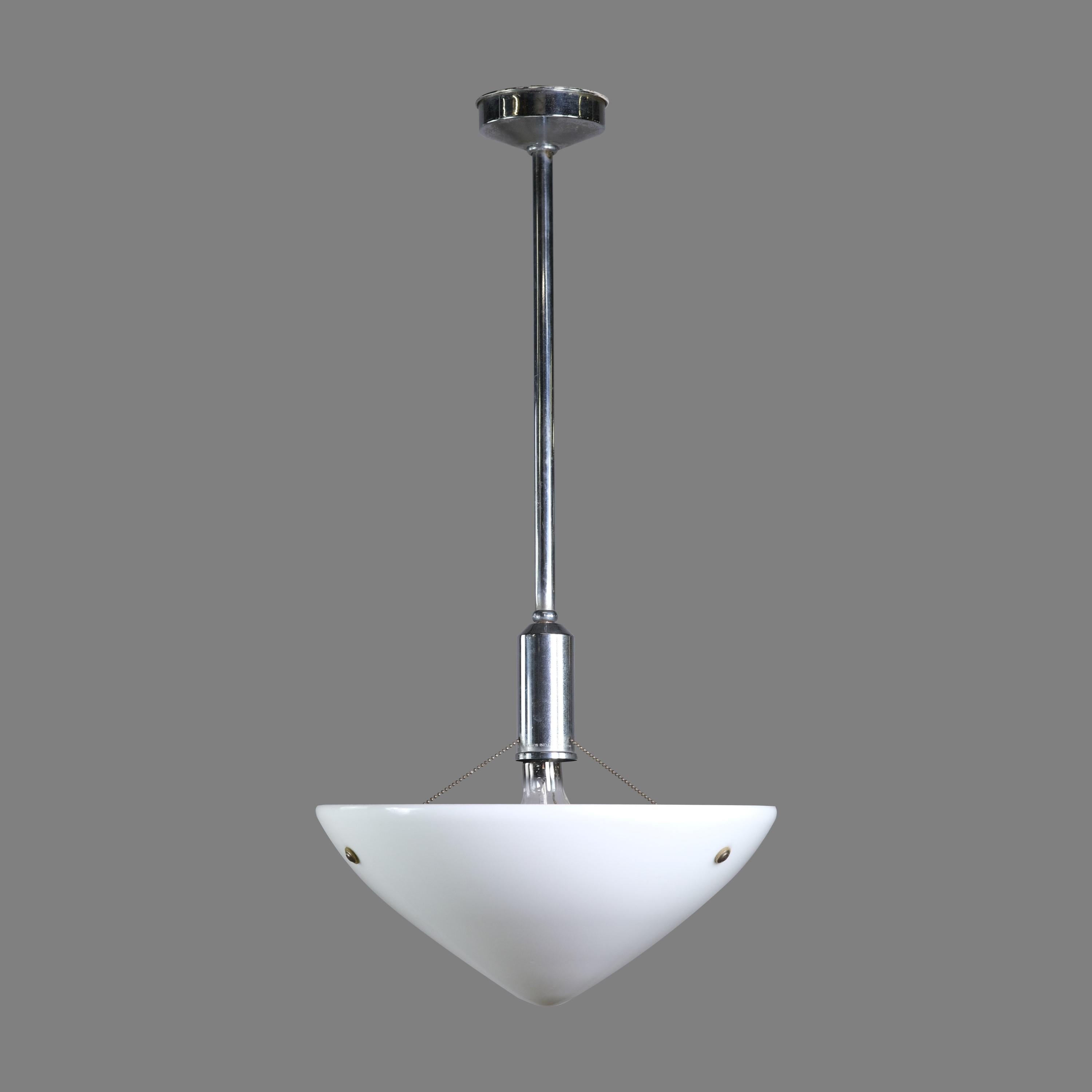 Mid-Century Modern pendant light. Features a white cone shaped glass shade attached to the chrome plated steel frame via three beaded chains. Cleaned and restored. This can be seen at our 400 Gilligan St location in Scranton, PA.
