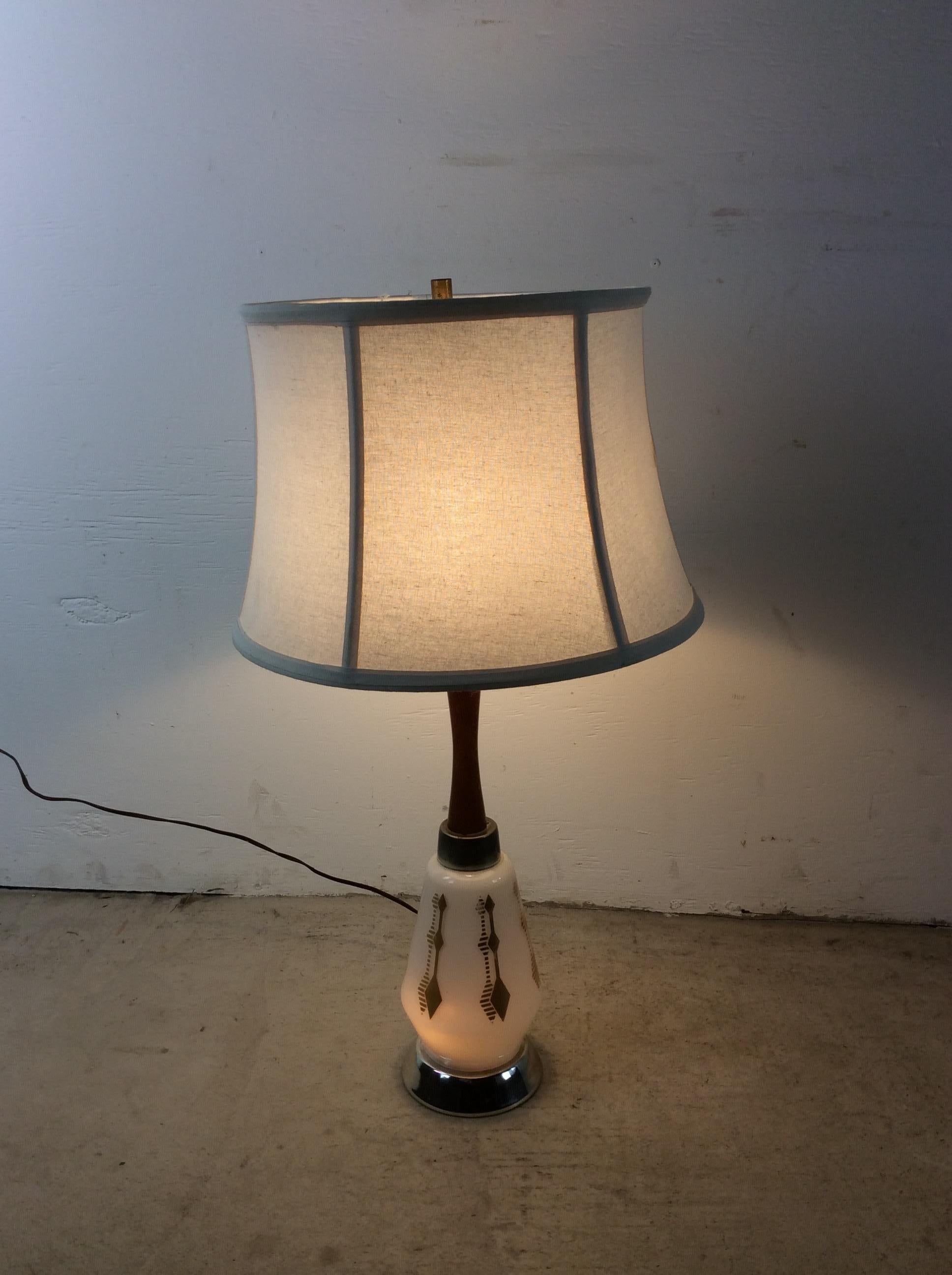 Mid Century Modern White Glass Table Lamp with Shade For Sale 11