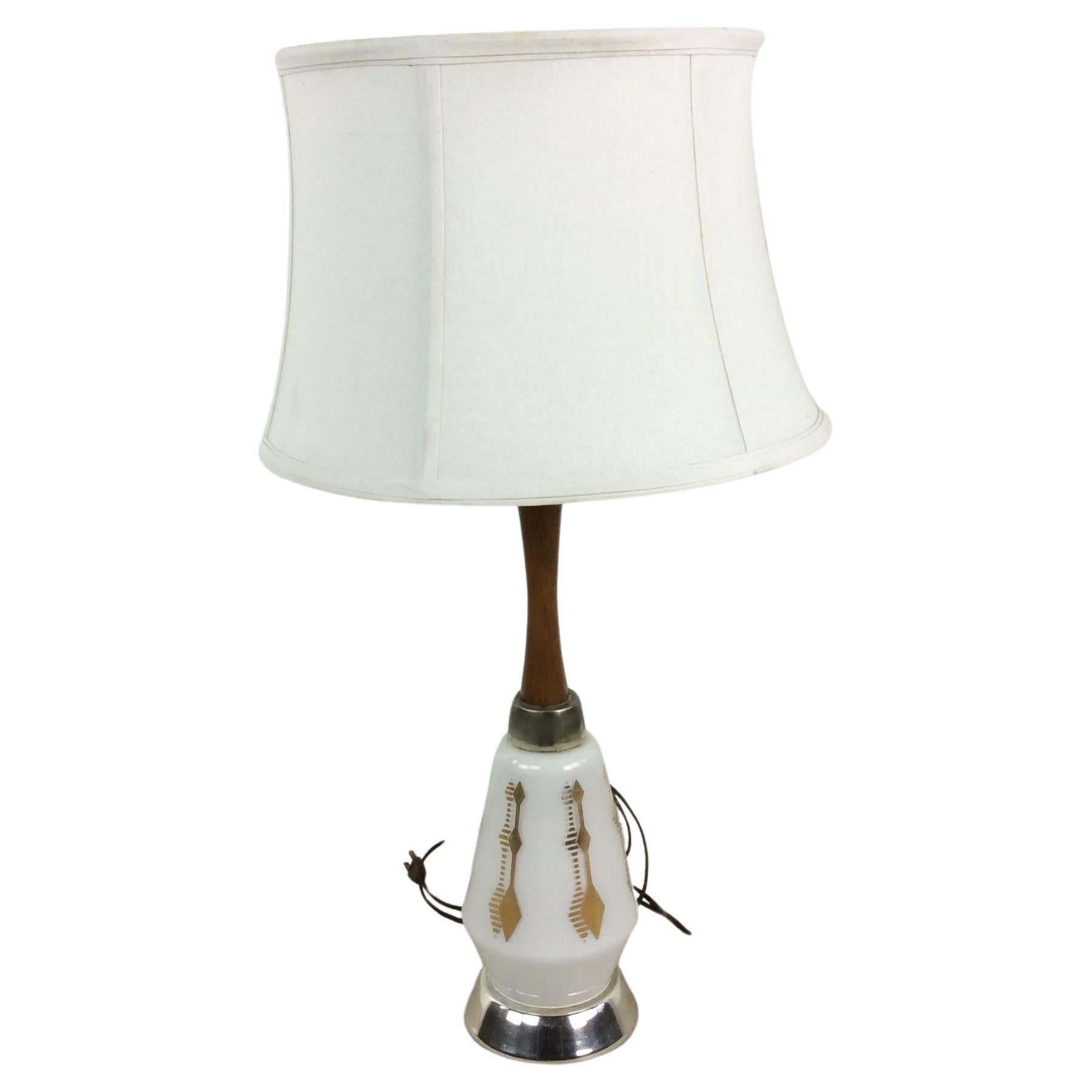 Mid Century Modern White Glass Table Lamp with Shade For Sale