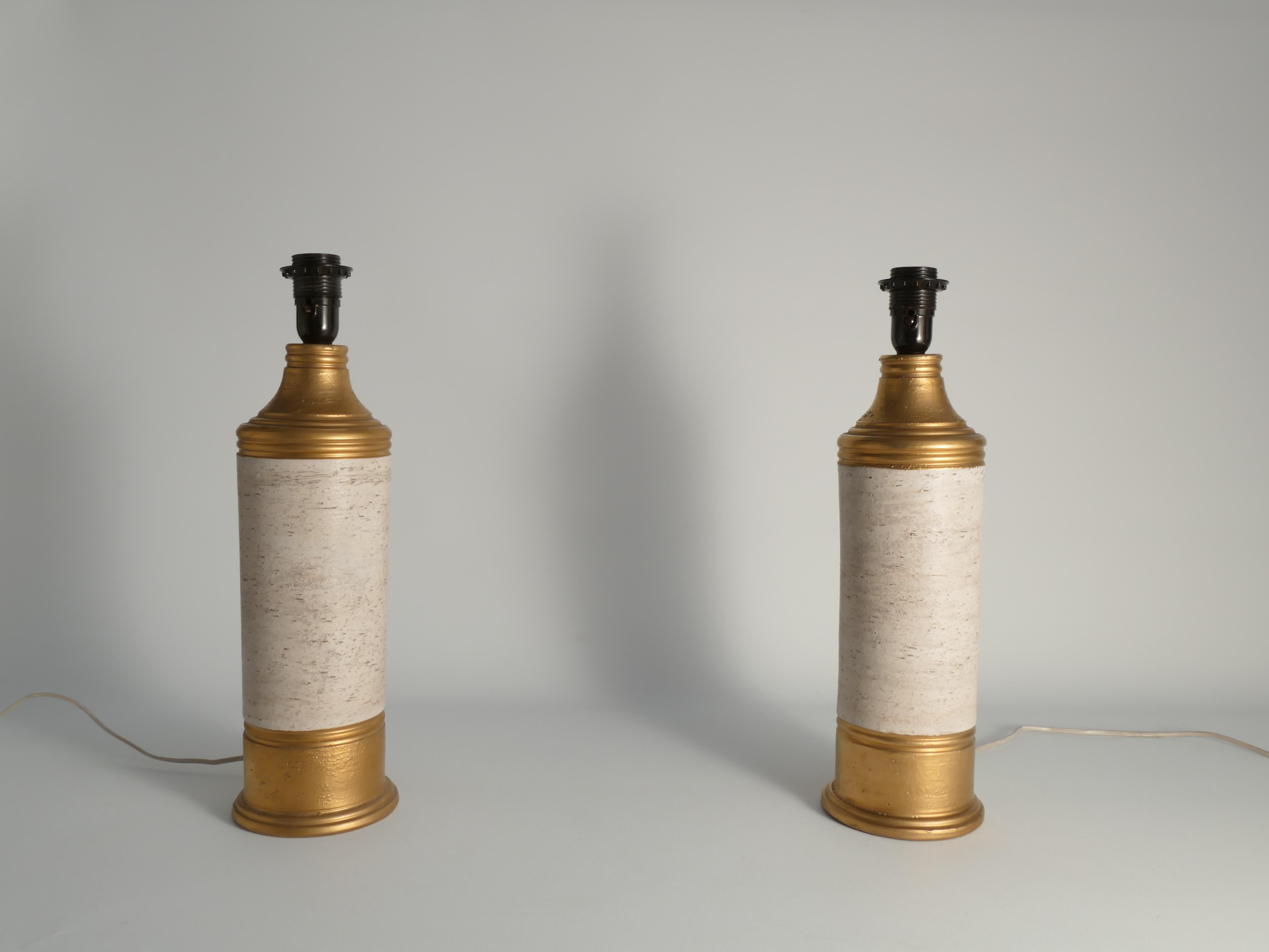 Glazed Mid-century Modern White & Gold Ceramic Table Lamps by Bitossi for Bergboms For Sale