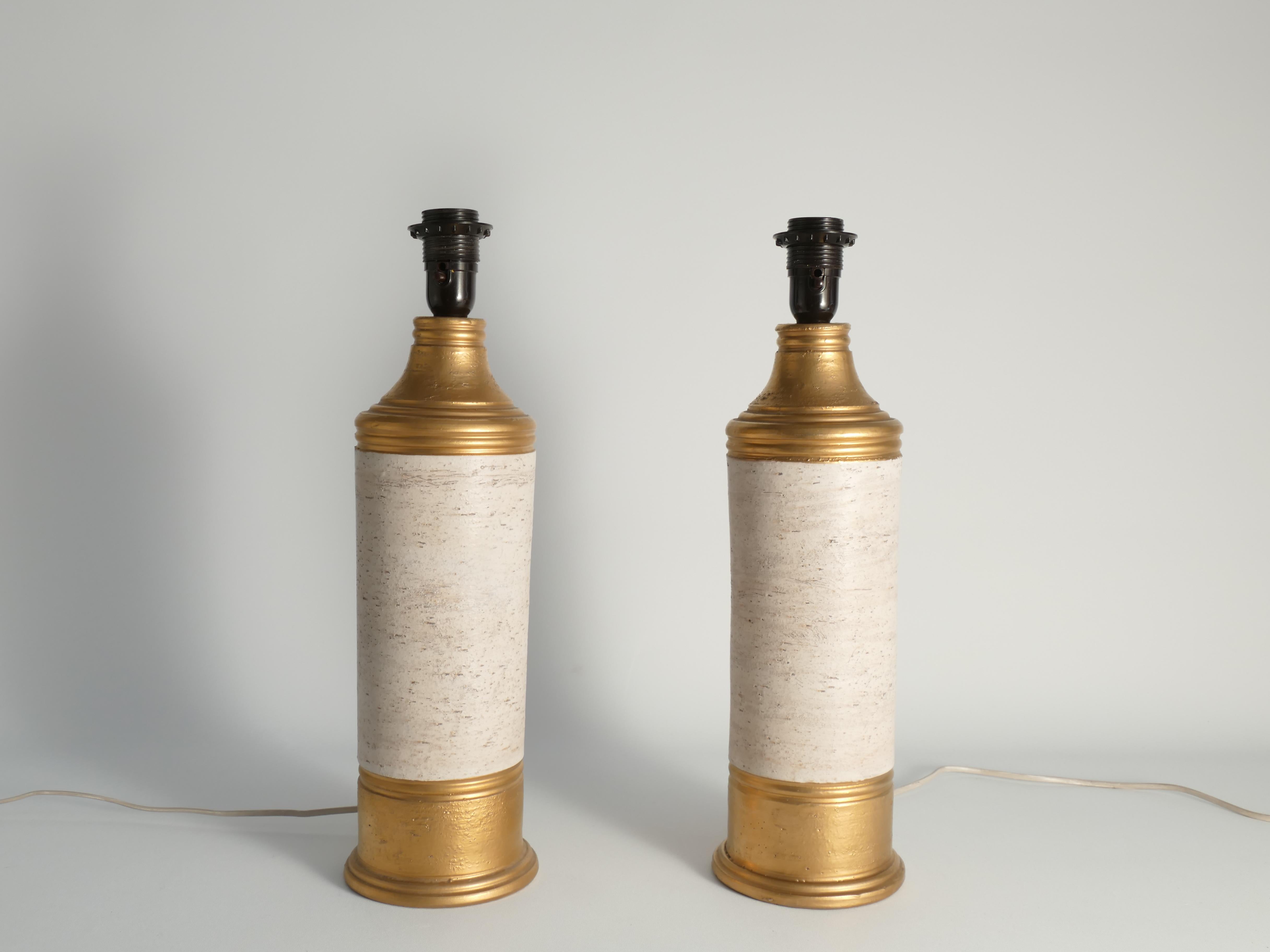 Mid-century Modern White & Gold Ceramic Table Lamps by Bitossi for Bergboms In Good Condition For Sale In Grythyttan, SE