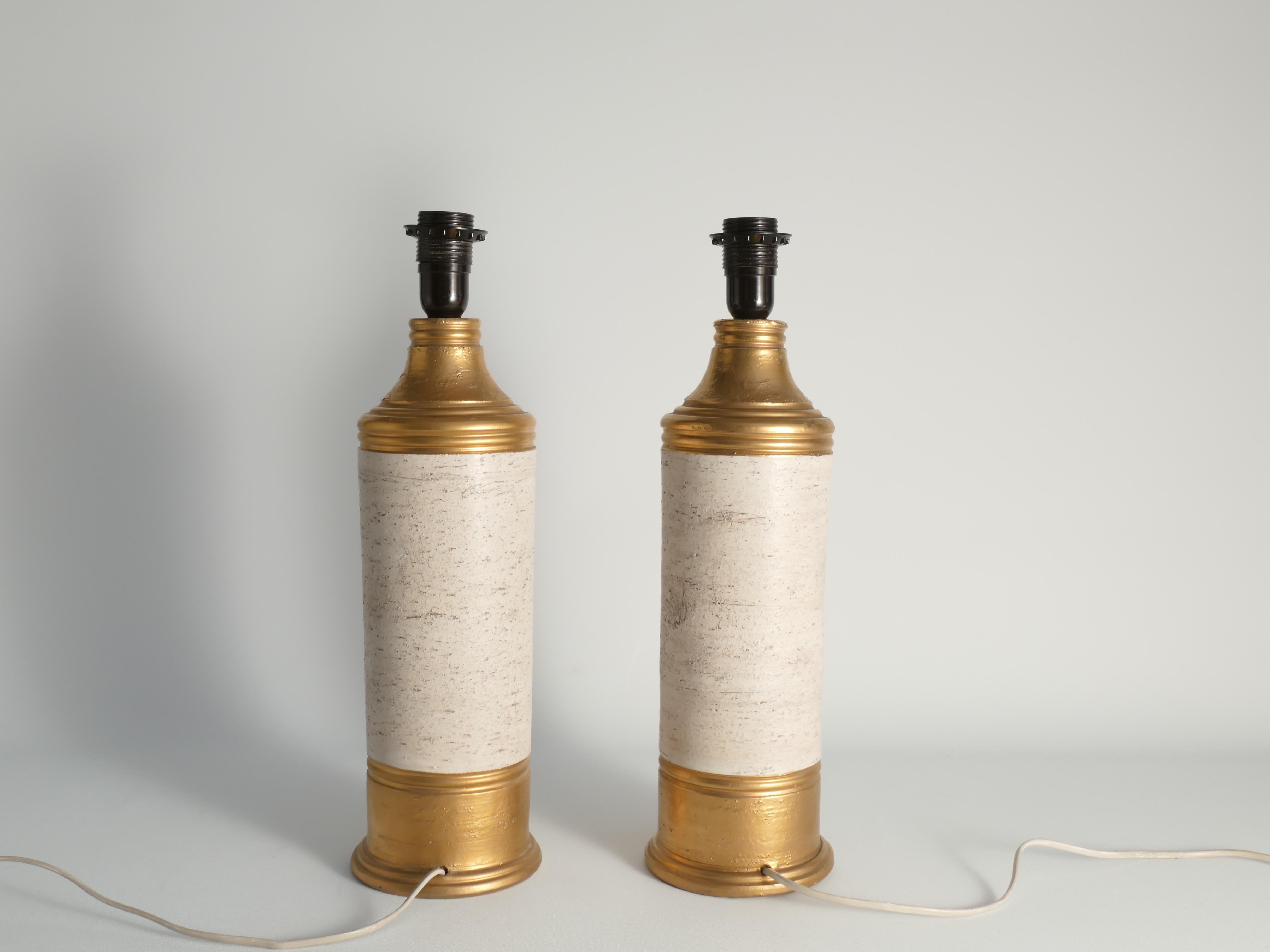 Late 20th Century Mid-century Modern White & Gold Ceramic Table Lamps by Bitossi for Bergboms For Sale