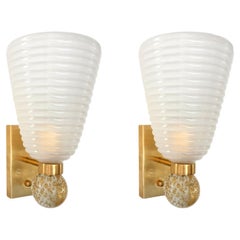 White & Gold Murano Glass pair of Sconces attr to Cenedese - set of four sconces