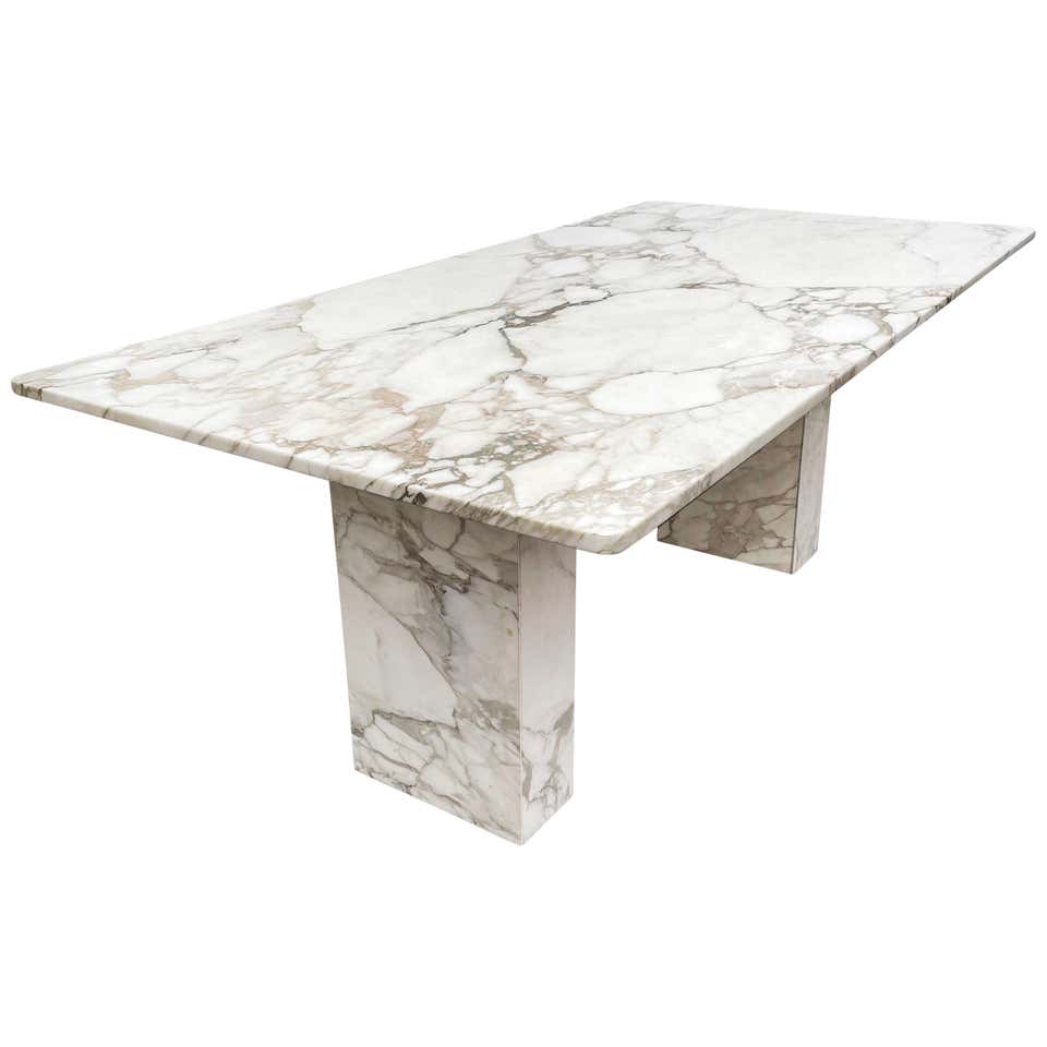 Mid-Century Modern White Italian Calacatta Marble Rectangular Dining ...