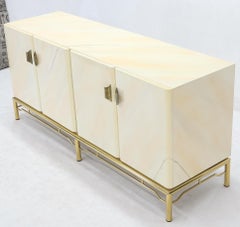 Mid-Century Modern White Lacquer Faux Finish Door 4 Doors Credenza on Brass Base