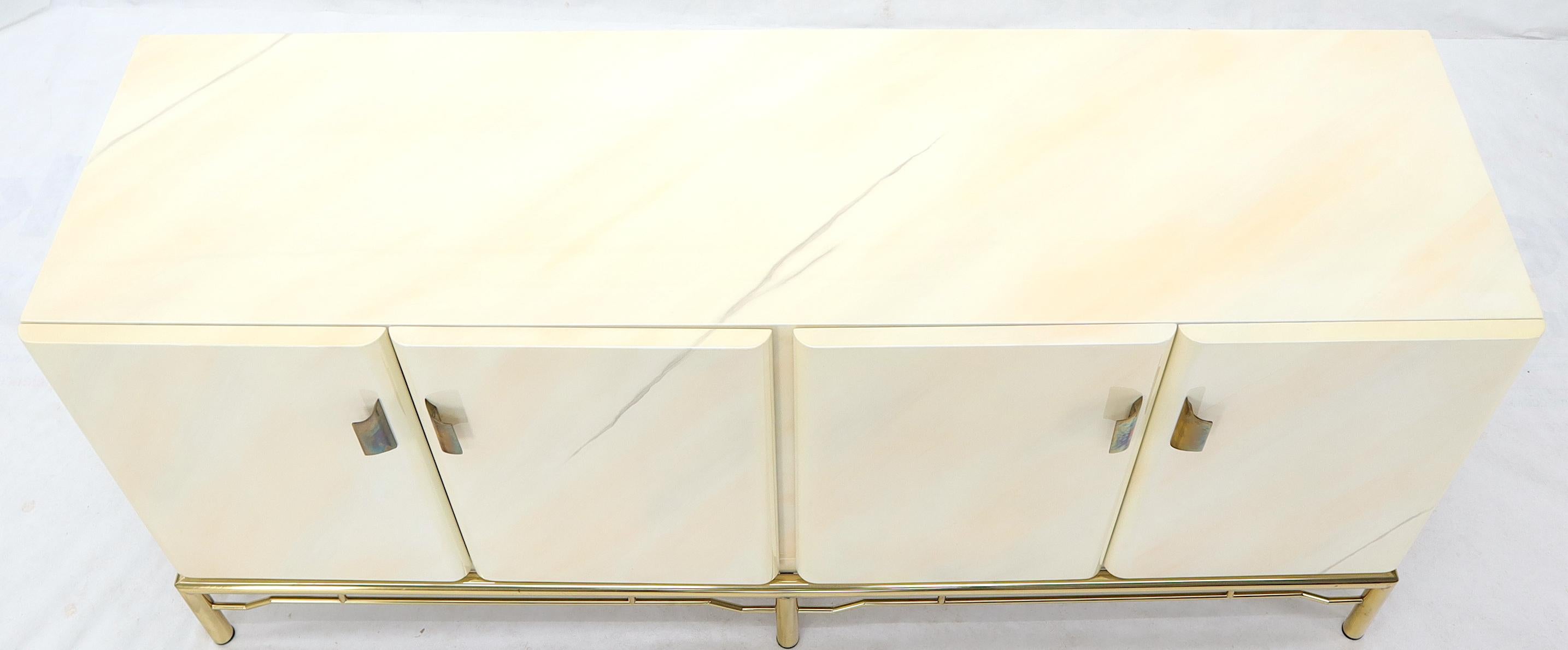 American Mid-Century Modern White Lacquer Faux Finish Door 4 Doors Credenza on Brass Base For Sale