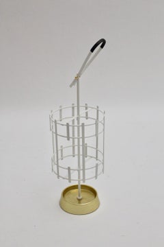 Mid-Century Modern White Metal Brass Vintage Umbrella Stand, 1950s