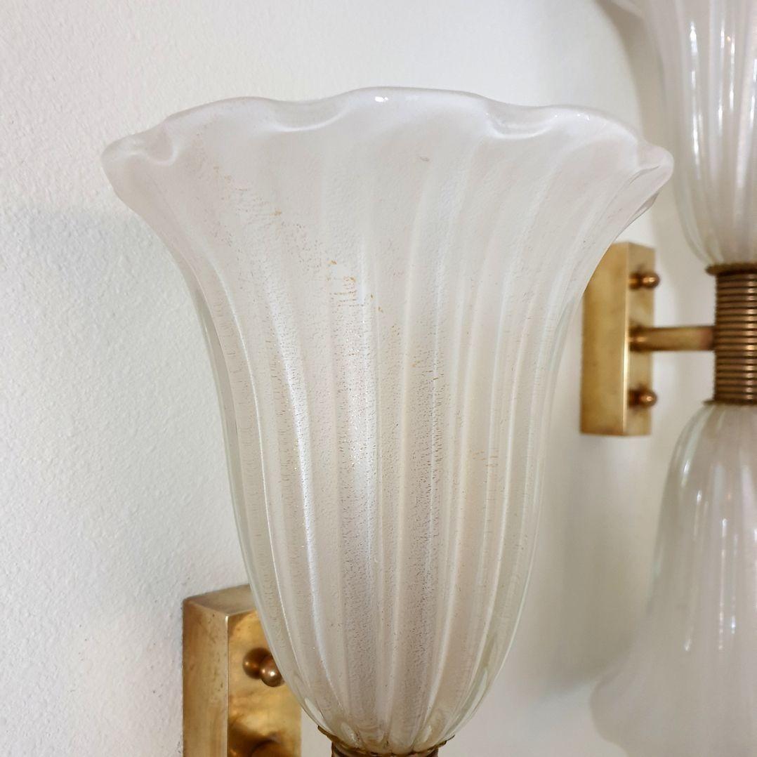 Italian Mid Century White Murano Glass and Brass sconces by Barovier - a pair