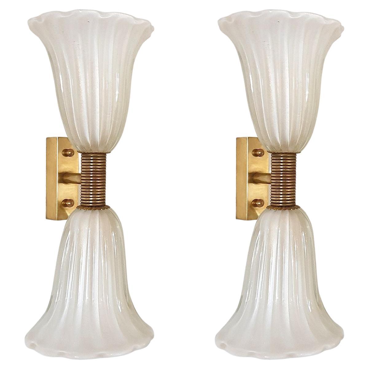 Mid Century White Murano Glass and Brass sconces by Barovier - a pair
