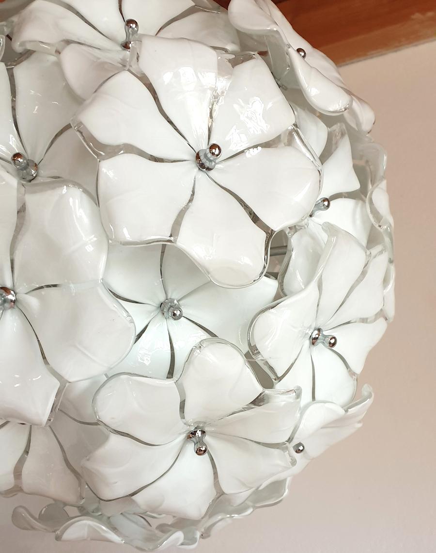 Hand-Crafted Round Mid-Century Modern White Murano Glass Flower Chandelier Cenedese Style
