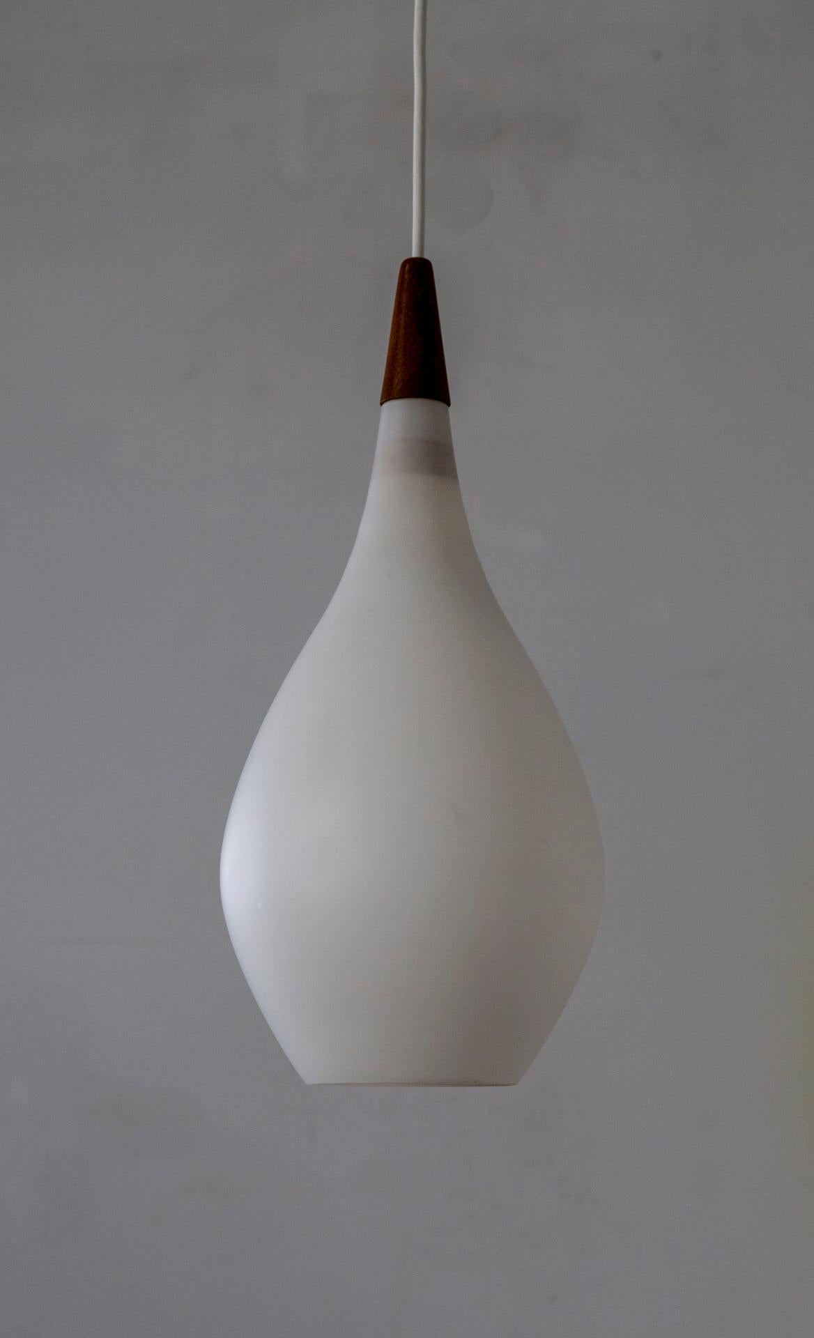 Mid-Century Modern White Opaline Glass & Teak Tear Drop Pendants, 'Pair' In Good Condition In San Francisco, CA