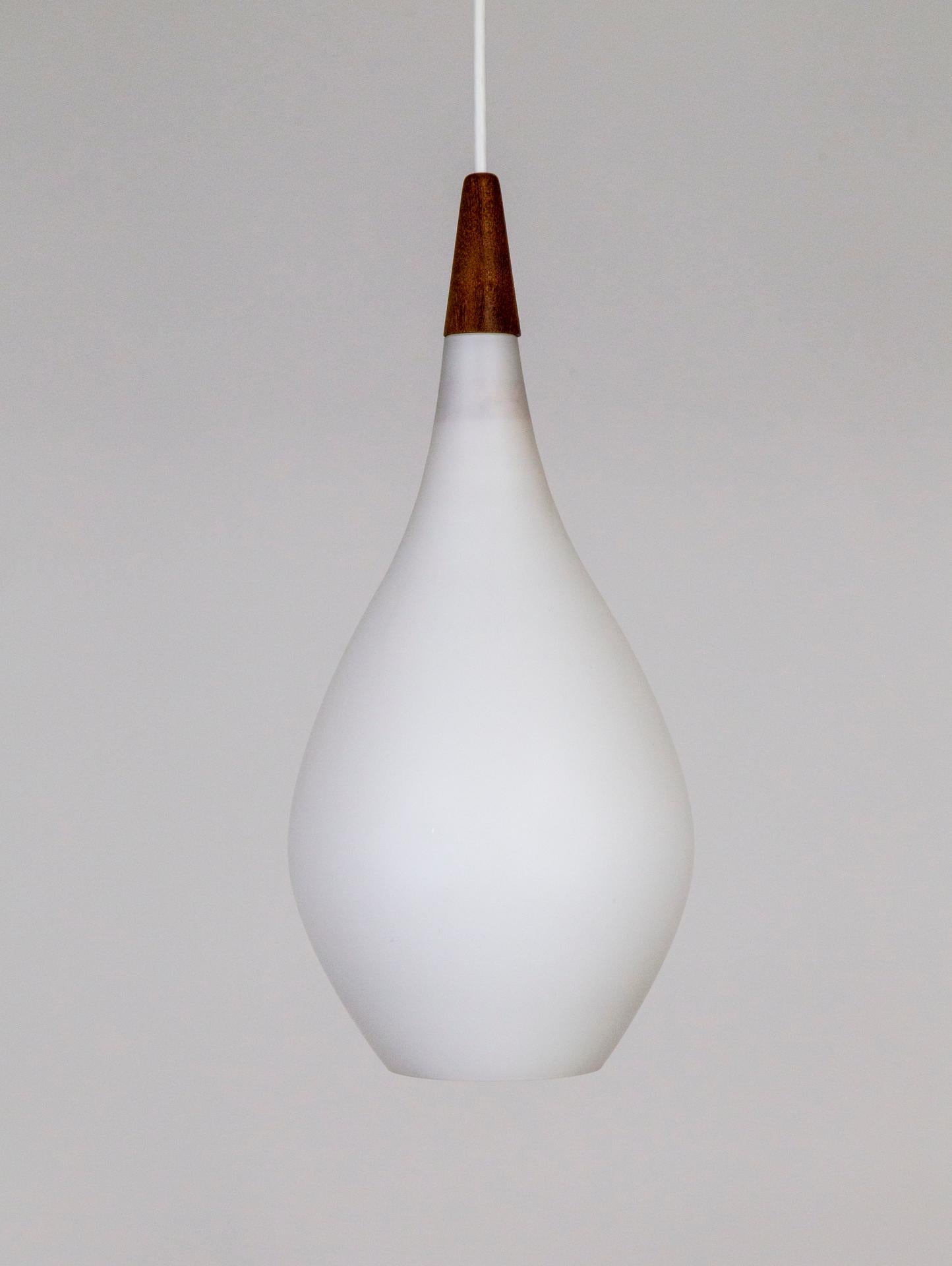 Brass Mid-Century Modern White Opaline Glass & Teak Tear Drop Pendants, 'Pair'