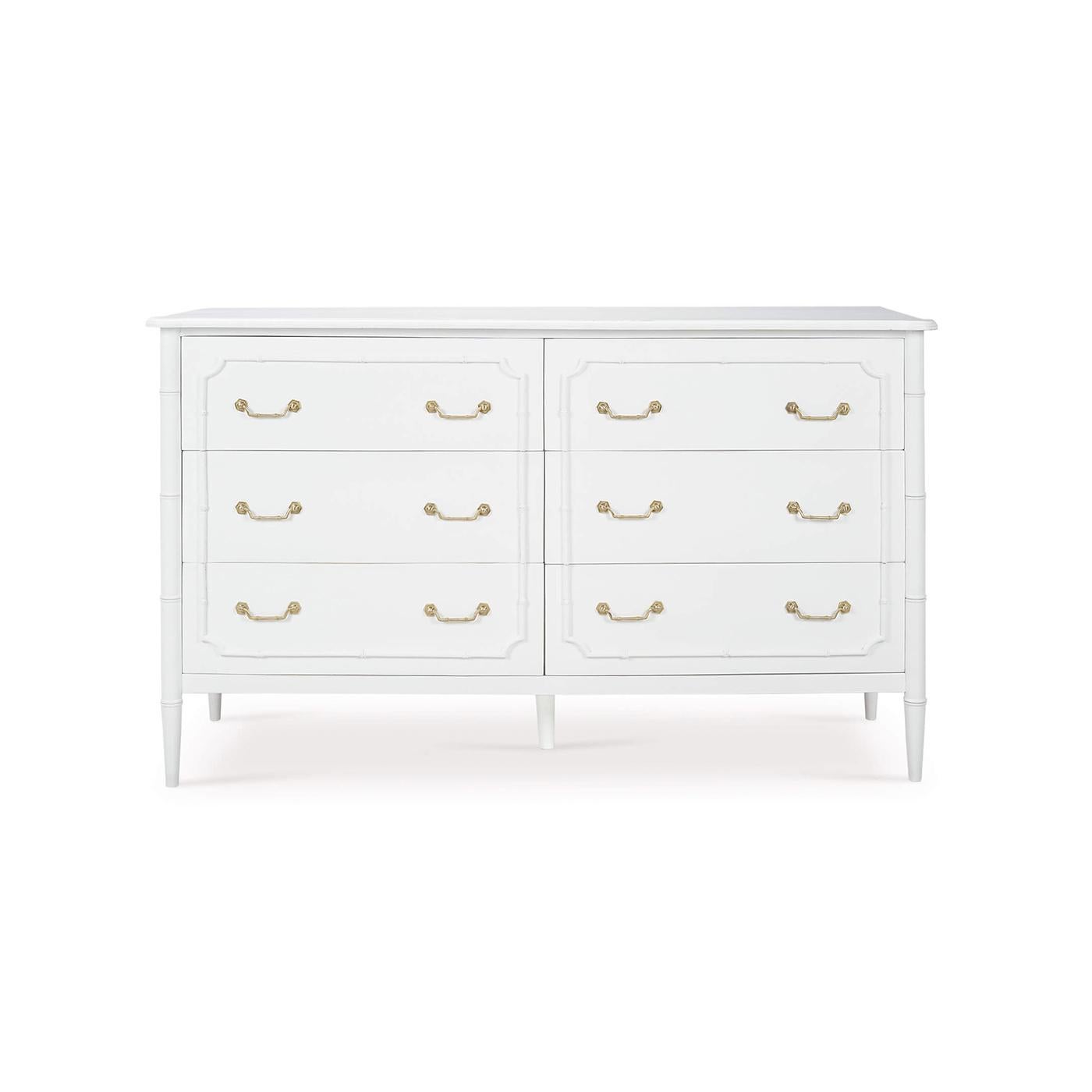 Influenced by the English Regency period, this exquisite piece features a sleek, lightly distressed architectural white painted finish that effortlessly brightens any room. Its elegant faux bamboo design brings a touch of nature-inspired charm,