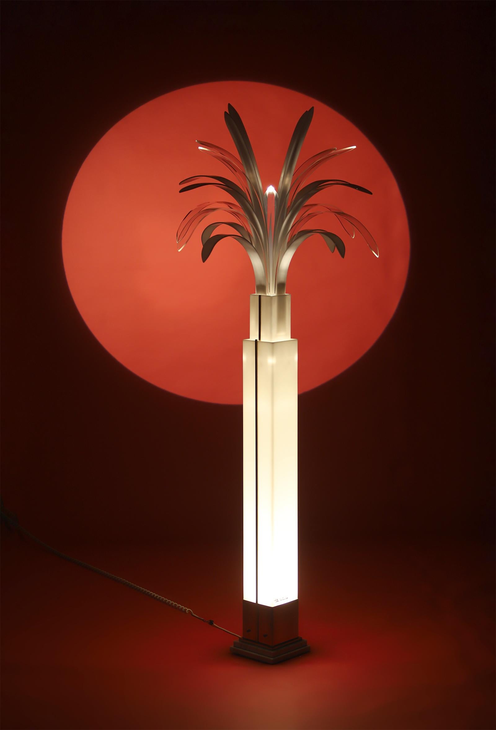 Rare perspex palm tree lamp by Belgian designer Theo Verhulst, dated 1982. This stunning lamp is fully made in white and transparent perspex, detailed with brass and resting on a marble base. When the lamp is switched on, the light shines through