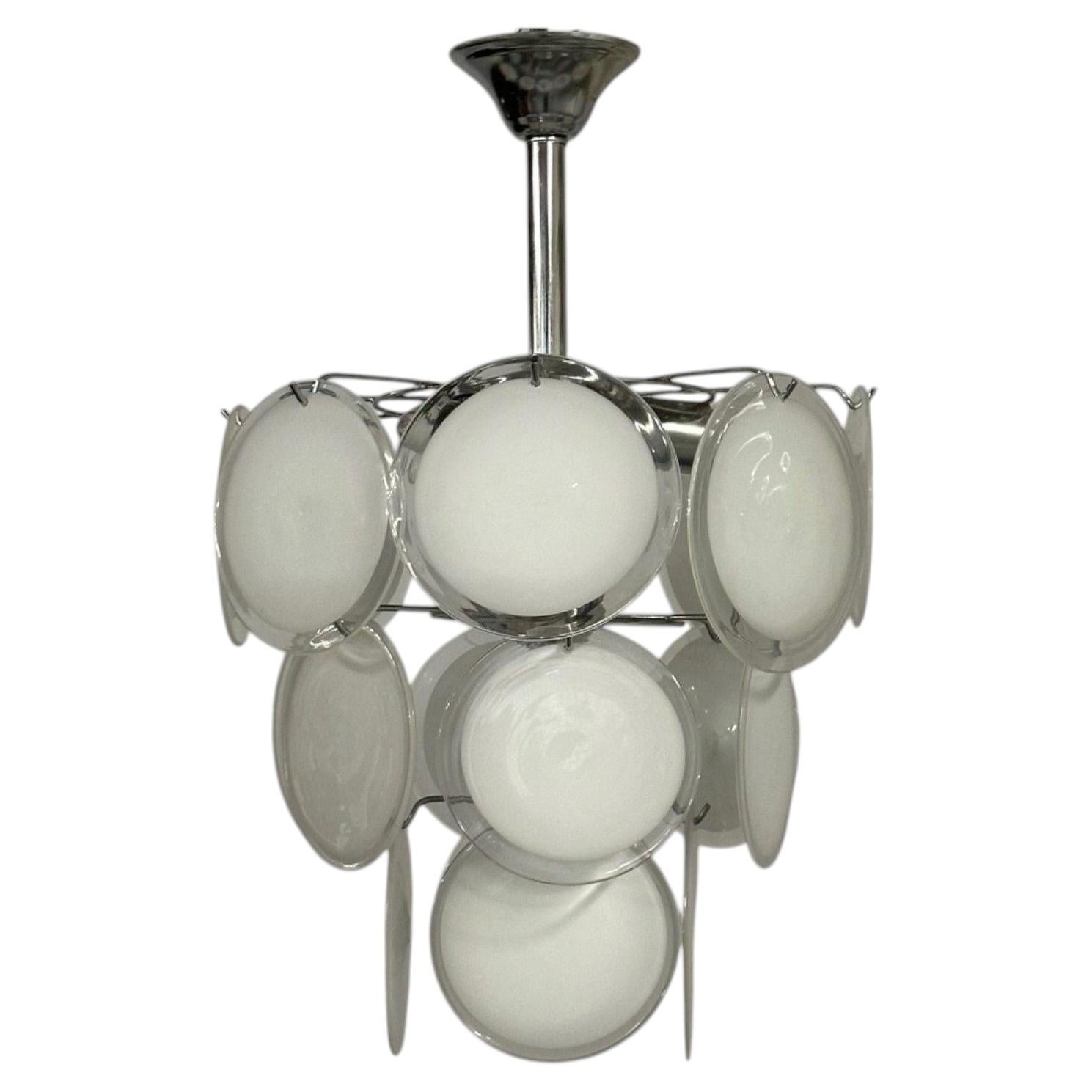 Mid-Century Modern, White Pendant Light, Murano Glass, Chrome, 1960s For Sale