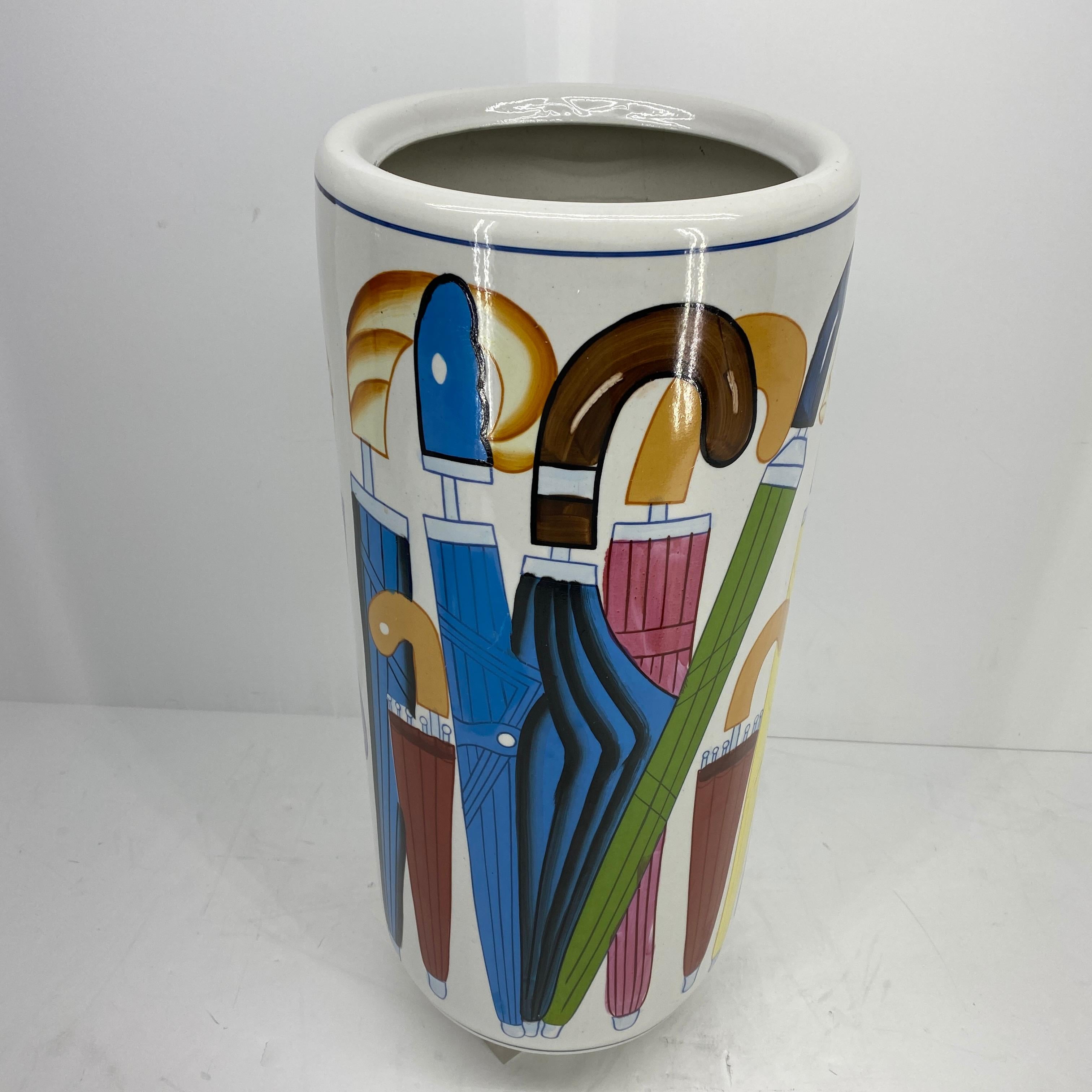 Mid-Century Modern White Porcelain Umbrella Stand with Colorful Umbrella Decor 4