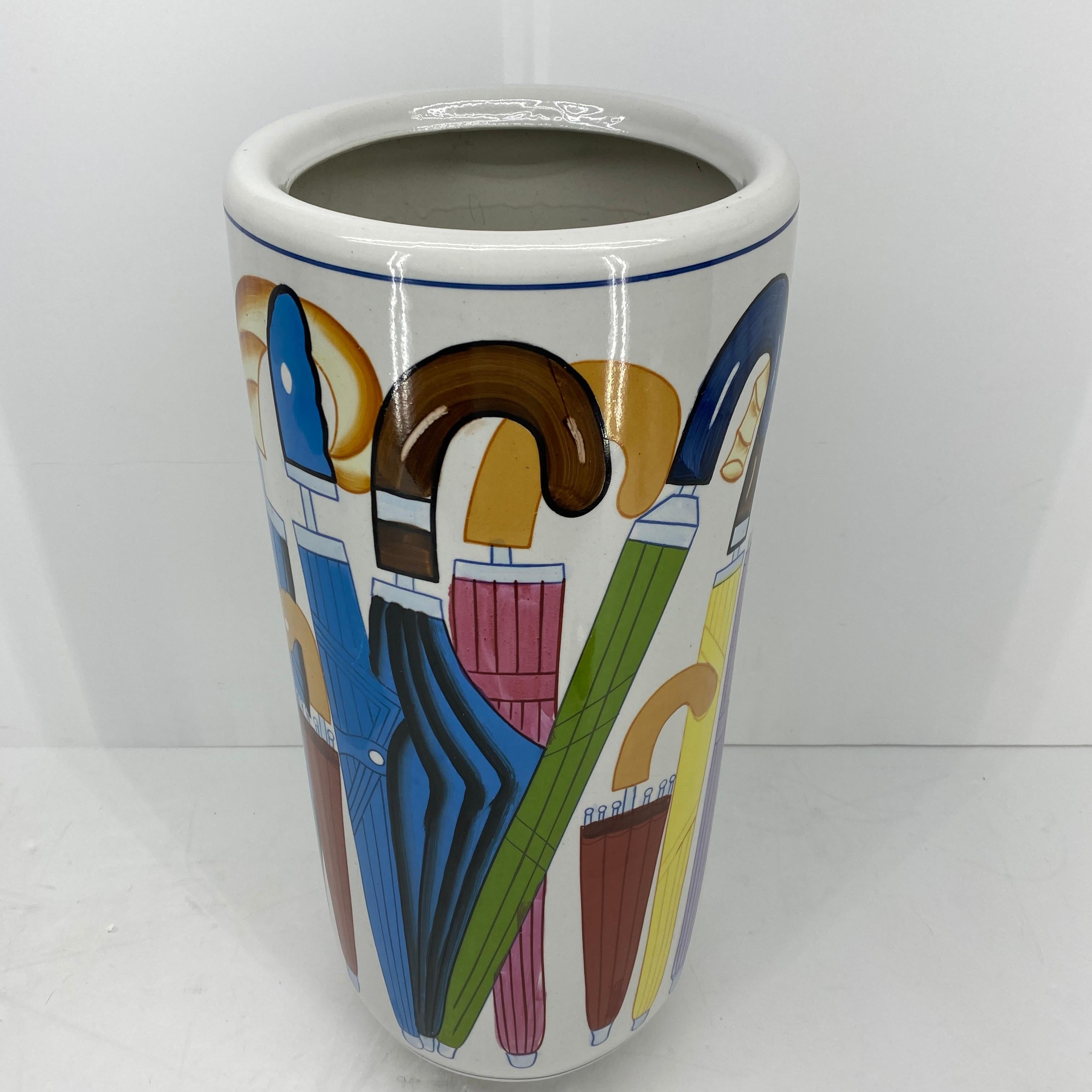 Hand-Crafted Mid-Century Modern White Porcelain Umbrella Stand with Colorful Umbrella Decor