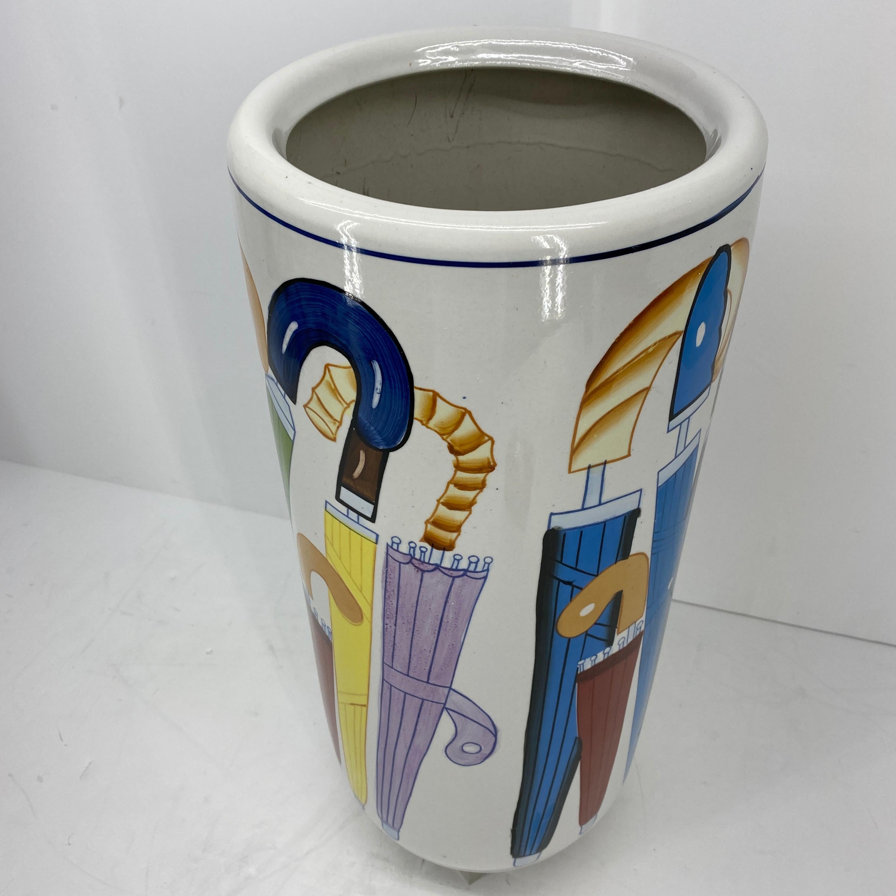 Mid-Century Modern White Porcelain Umbrella Stand with Colorful Umbrella Decor In Good Condition In Haddonfield, NJ