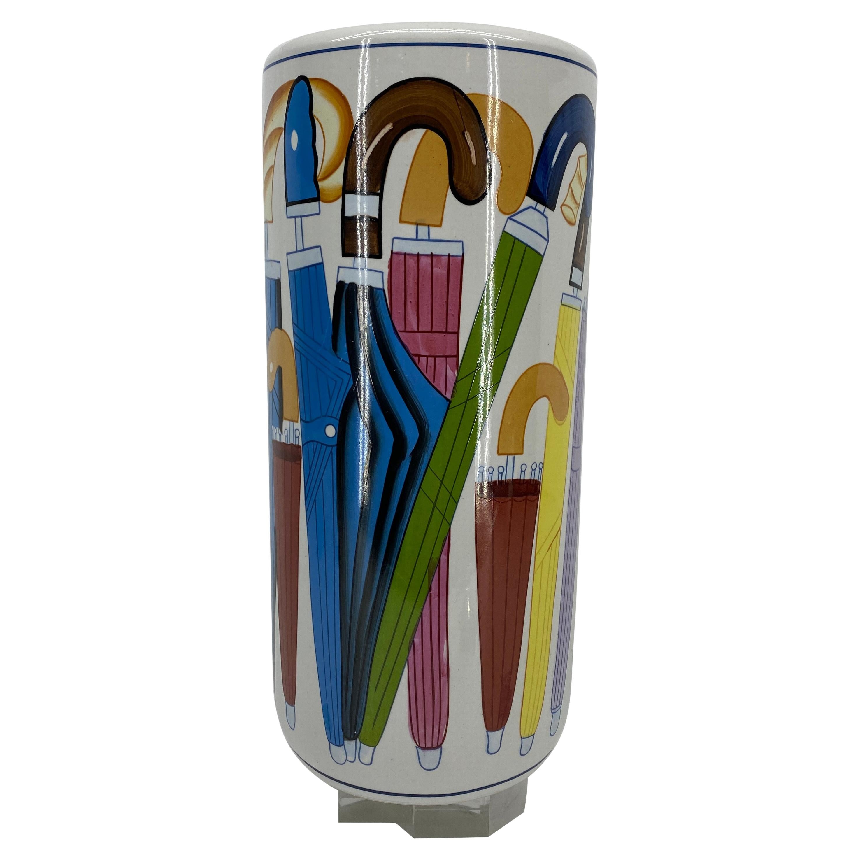 Mid-Century Modern White Porcelain Umbrella Stand with Colorful Umbrella Decor