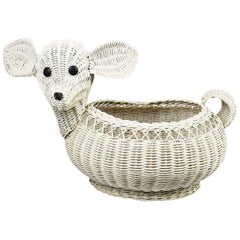 Used Mid-Century Modern White Rattan Wicker Lamb Basket after Mario Lopez Torres