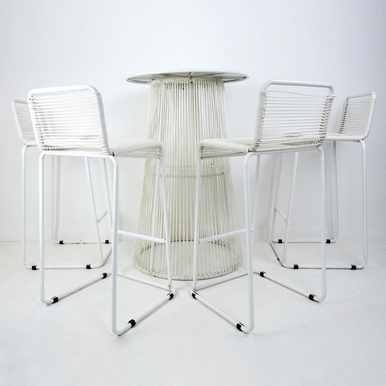 Mid Century Modern White Table And 4 High Stools With Rubber Cord For Sale At 1stdibs