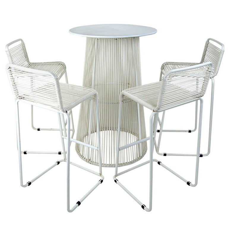 Mid Century Modern White Table And 4 High Stools With Rubber Cord For Sale At 1stdibs
