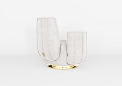 Mid-Century Modern White Velvet Armchair Cactus Shape with Gold Swivel Base