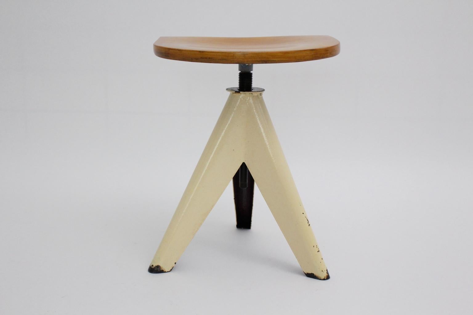 Lacquered Mid-Century Modern White Vintage Metal Beech Tripod Industry Stool, circa 1950
