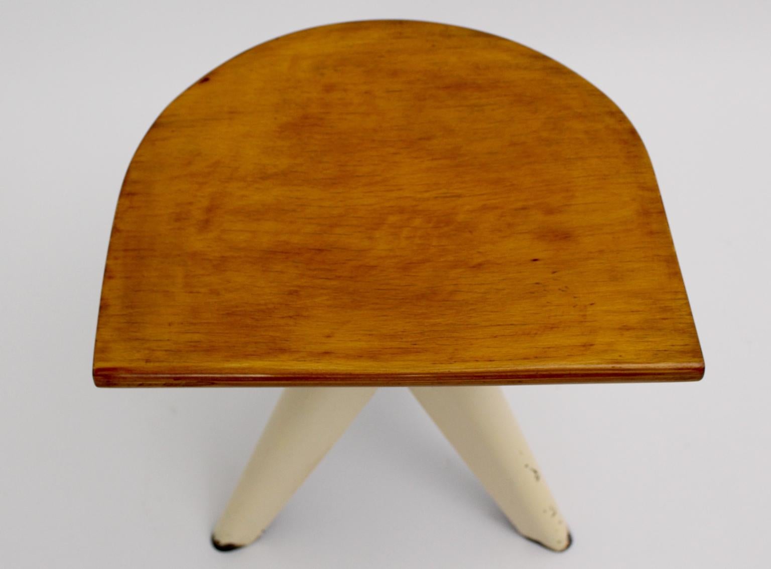 20th Century Mid-Century Modern White Vintage Metal Beech Tripod Industry Stool, circa 1950