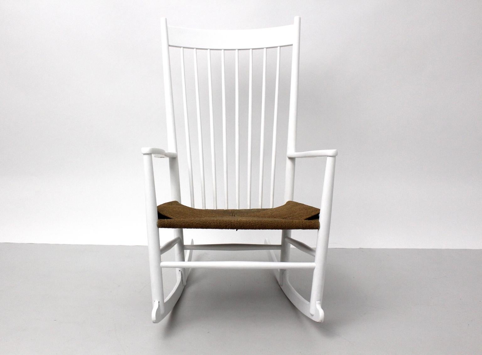 Danish Scandinavian Modern White Vintage Rocking Chair J 16 by Hans Wegner Denmark For Sale