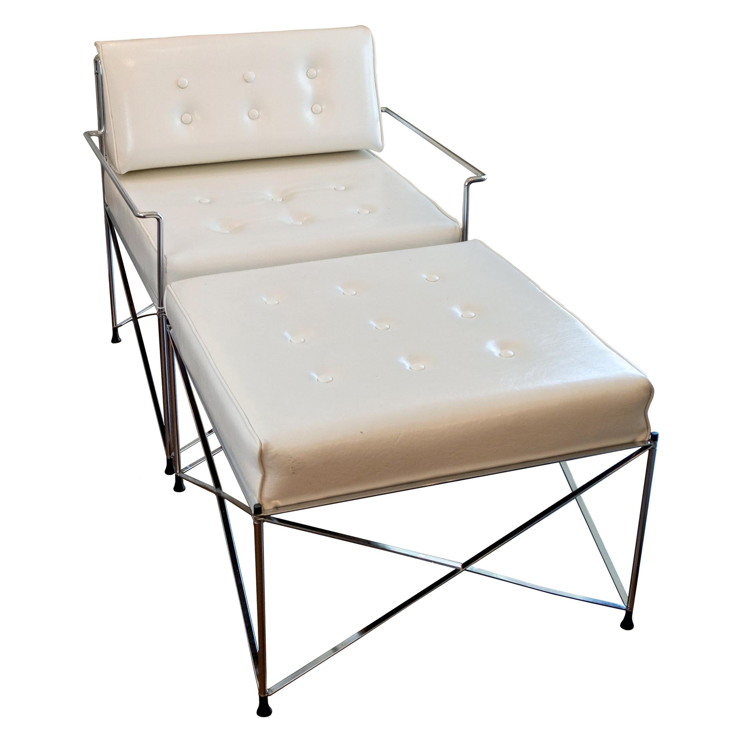 Mid-Century Modern White Vinyl and Chrome Chair with Ottoman