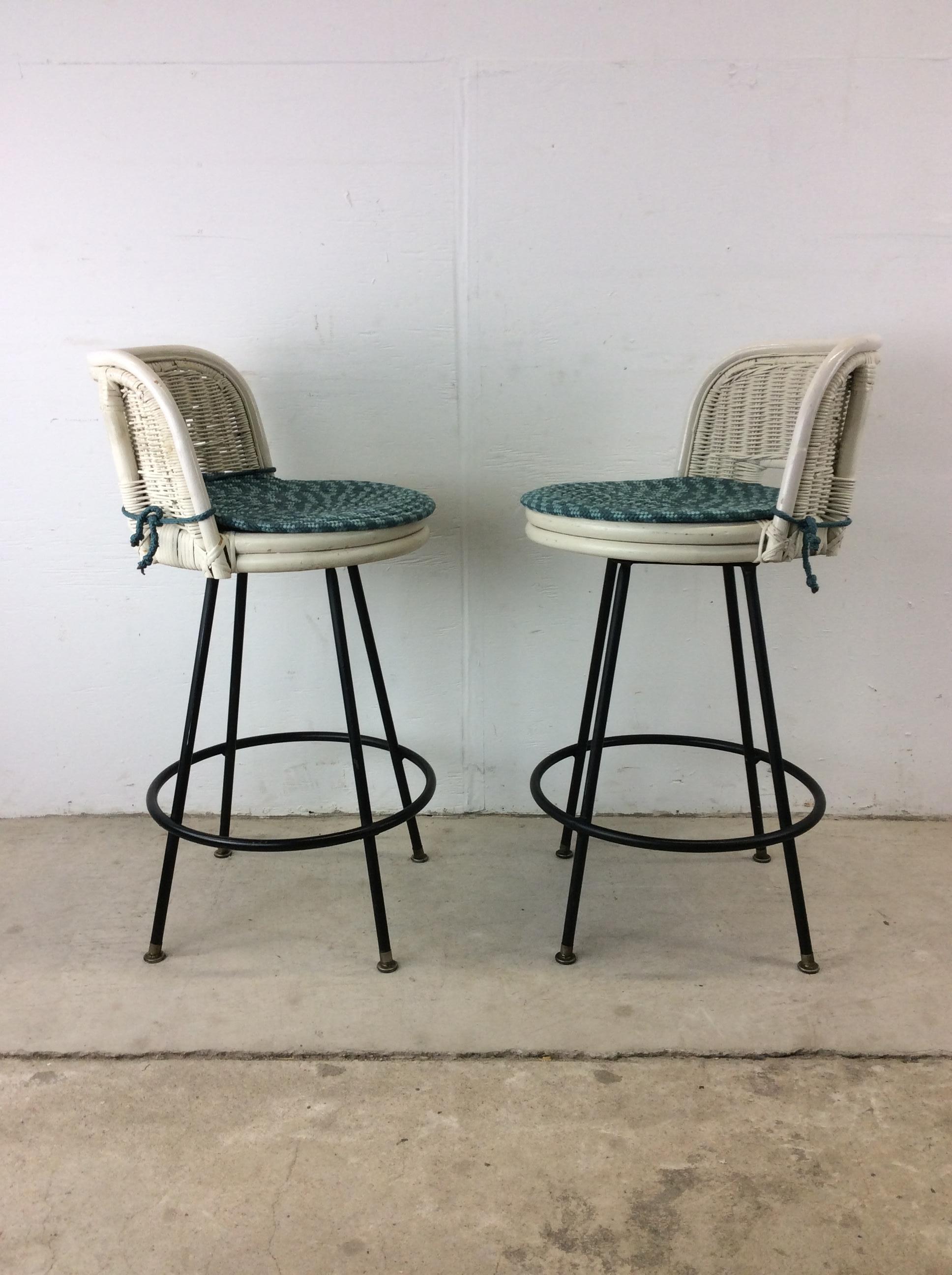 Mid Century Modern White Wicker Bar Stools For Sale 8