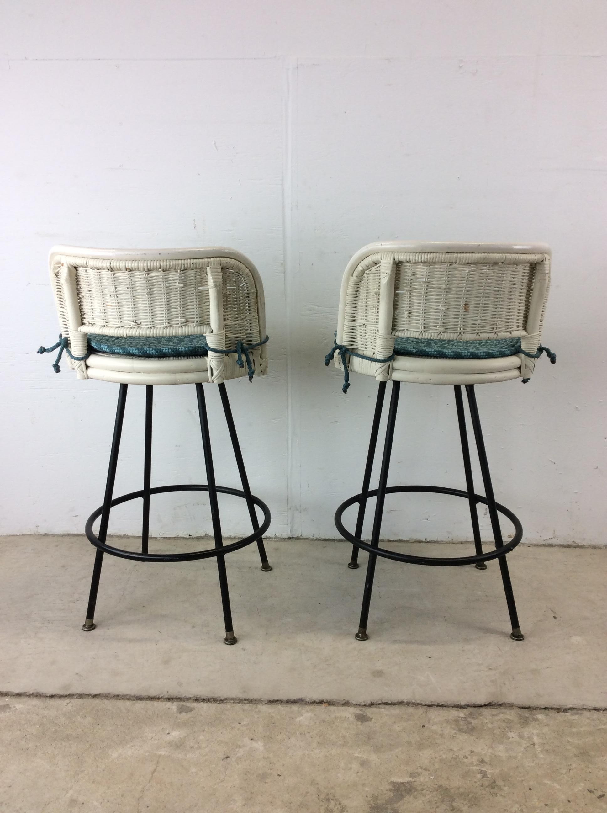 Mid Century Modern White Wicker Bar Stools For Sale 11
