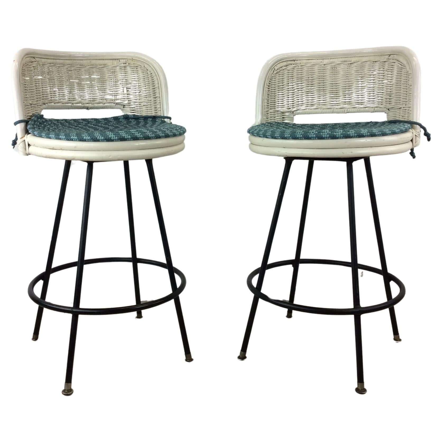 Mid Century Modern White Wicker Bar Stools For Sale