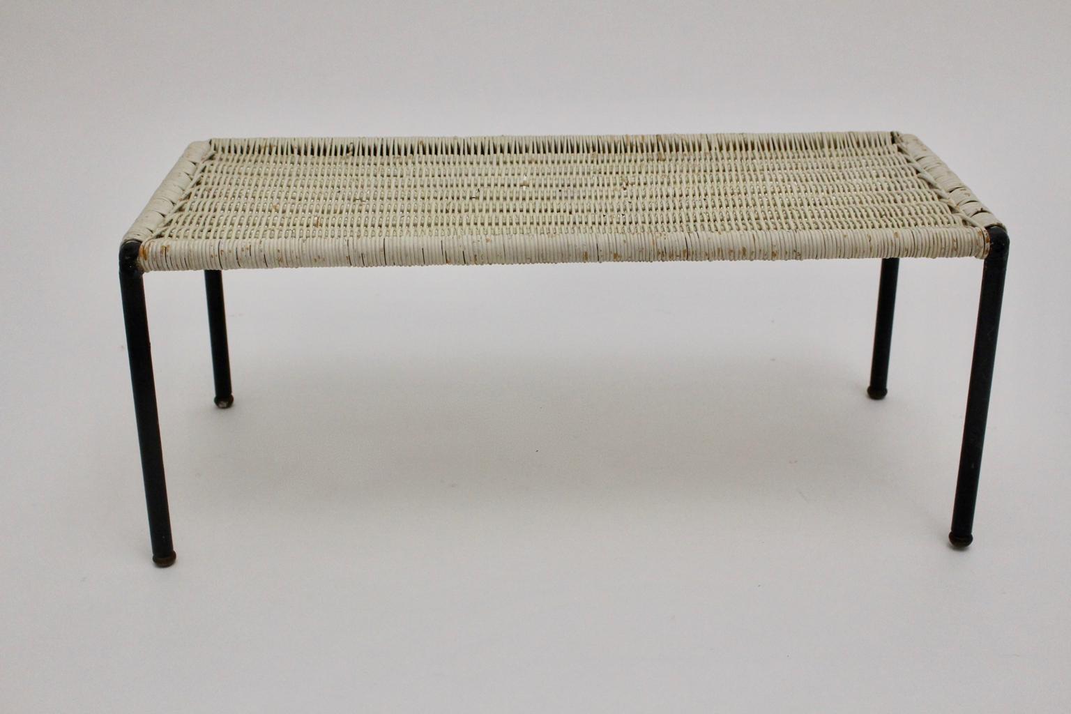 Austrian Mid-Century Modern White Wicker Side Table 1950s Austria For Sale