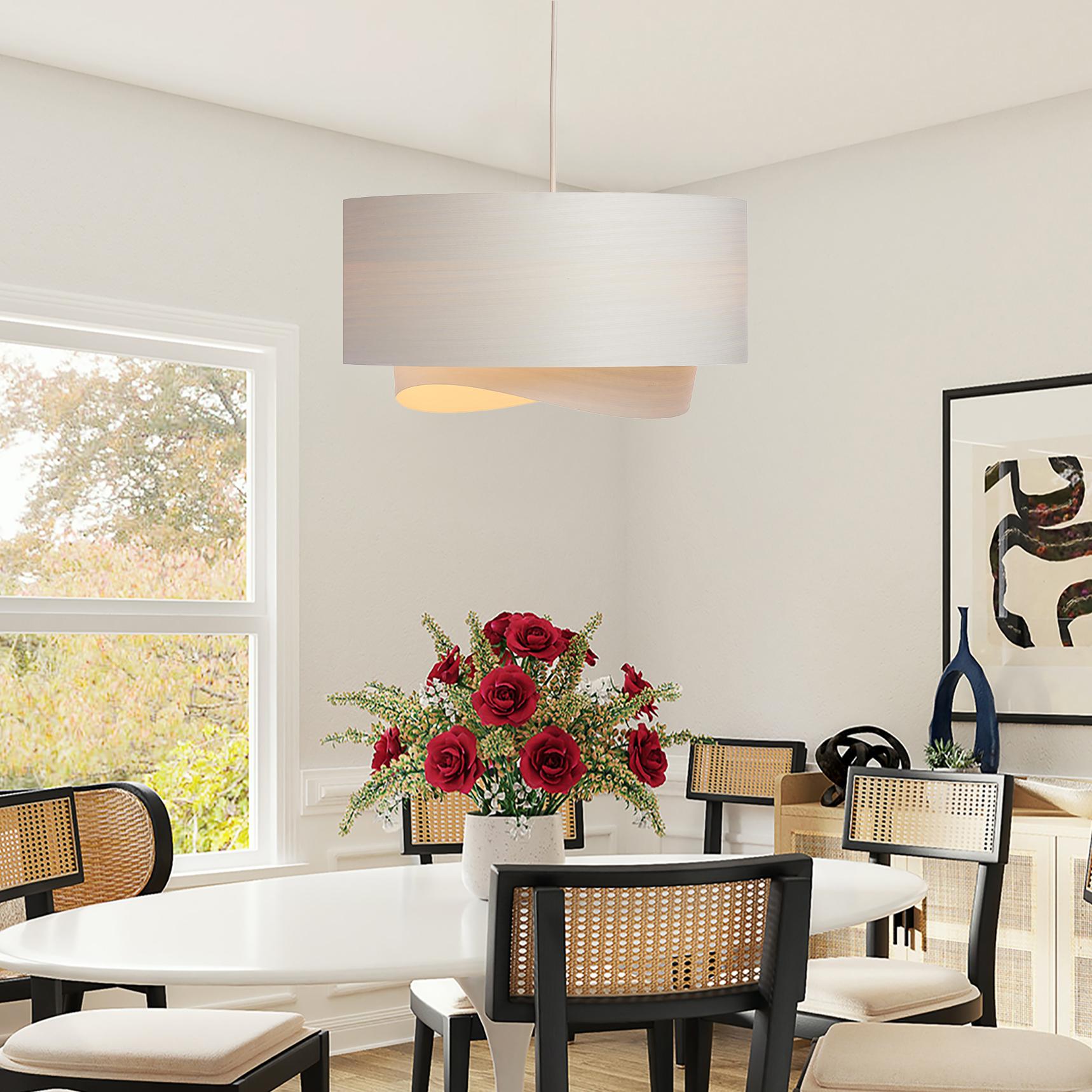 This limited-edition pendant light features white eco wood veneer, a premium, sustainable material made from reconstituted natural wood fiber. Its varied grain offers a natural look and feel, making it an excellent eco-friendly lighting choice. With