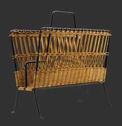 Mid-Century Modern Wicker and Metal Magazine Rack by Raoul, 1950s