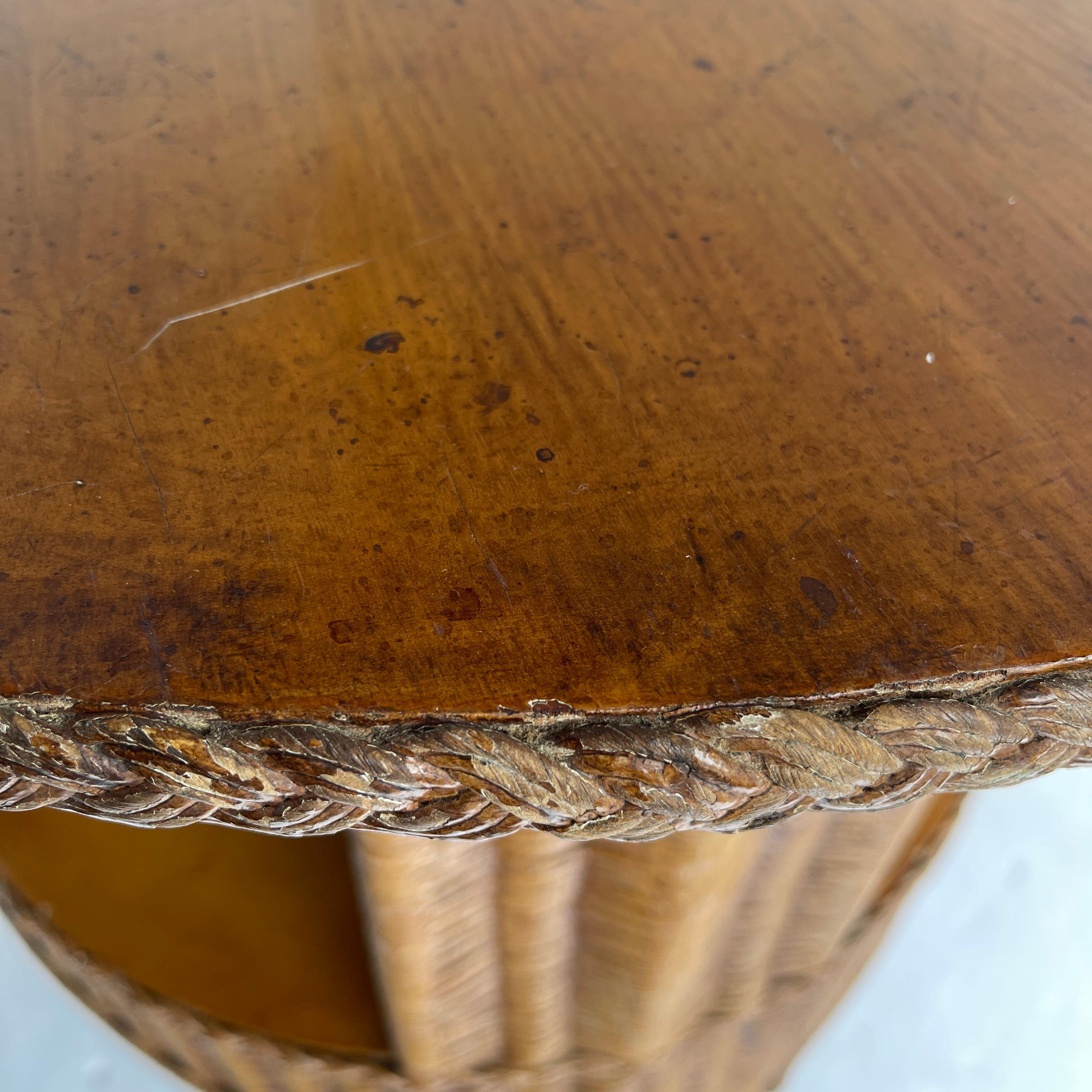 Mid-Century Modern Wicker and Wood Round Side Table 8