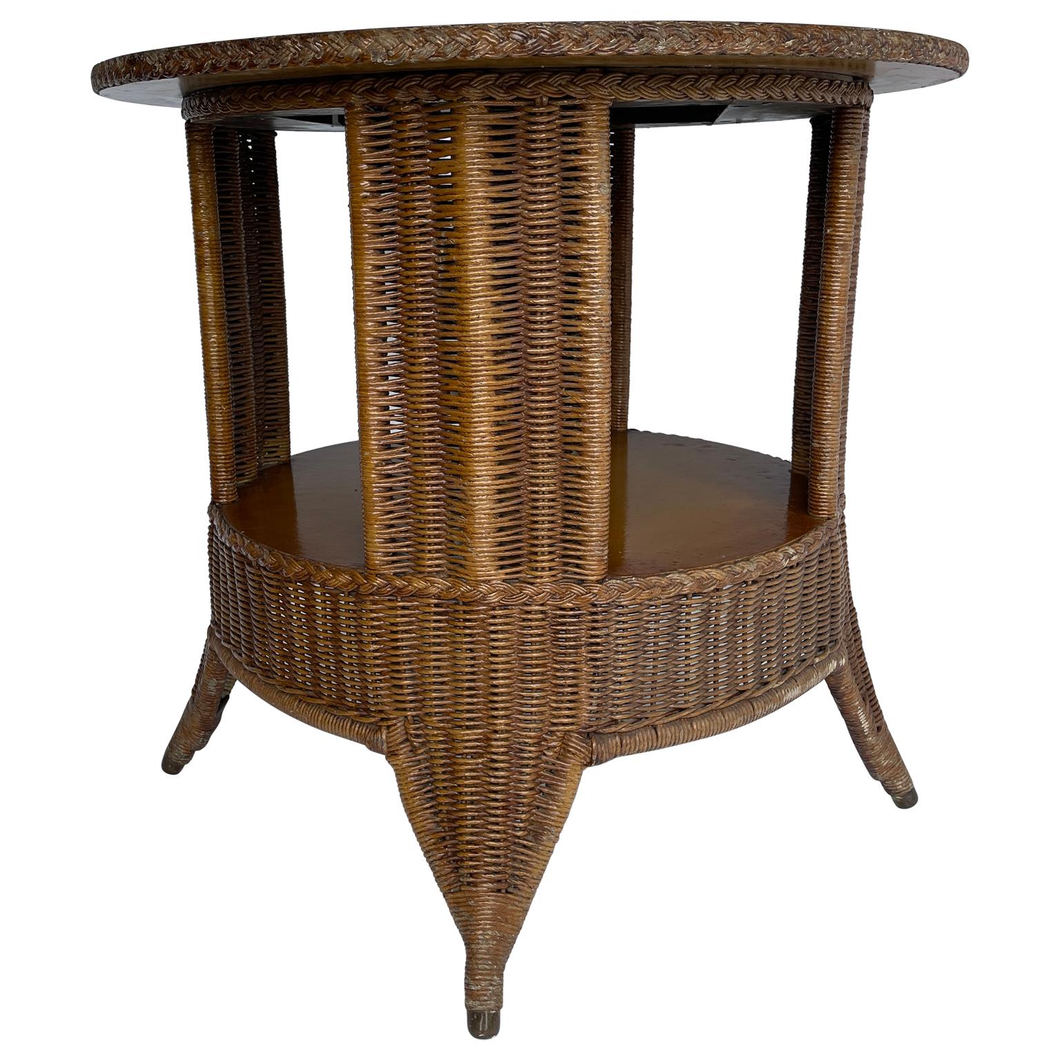 American Mid-Century Modern Wicker and Wood Round Side Table