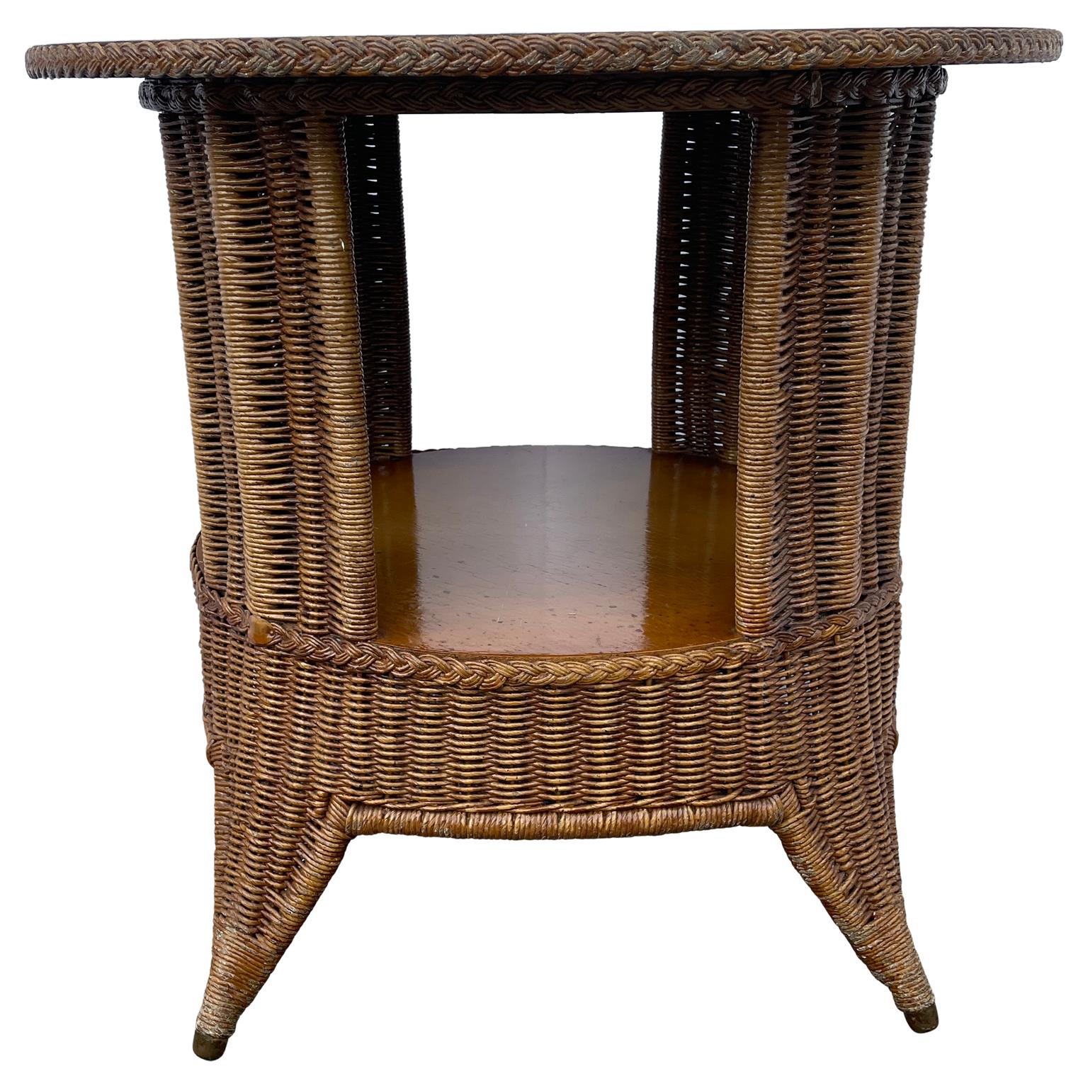 Hand-Crafted Mid-Century Modern Wicker and Wood Round Side Table