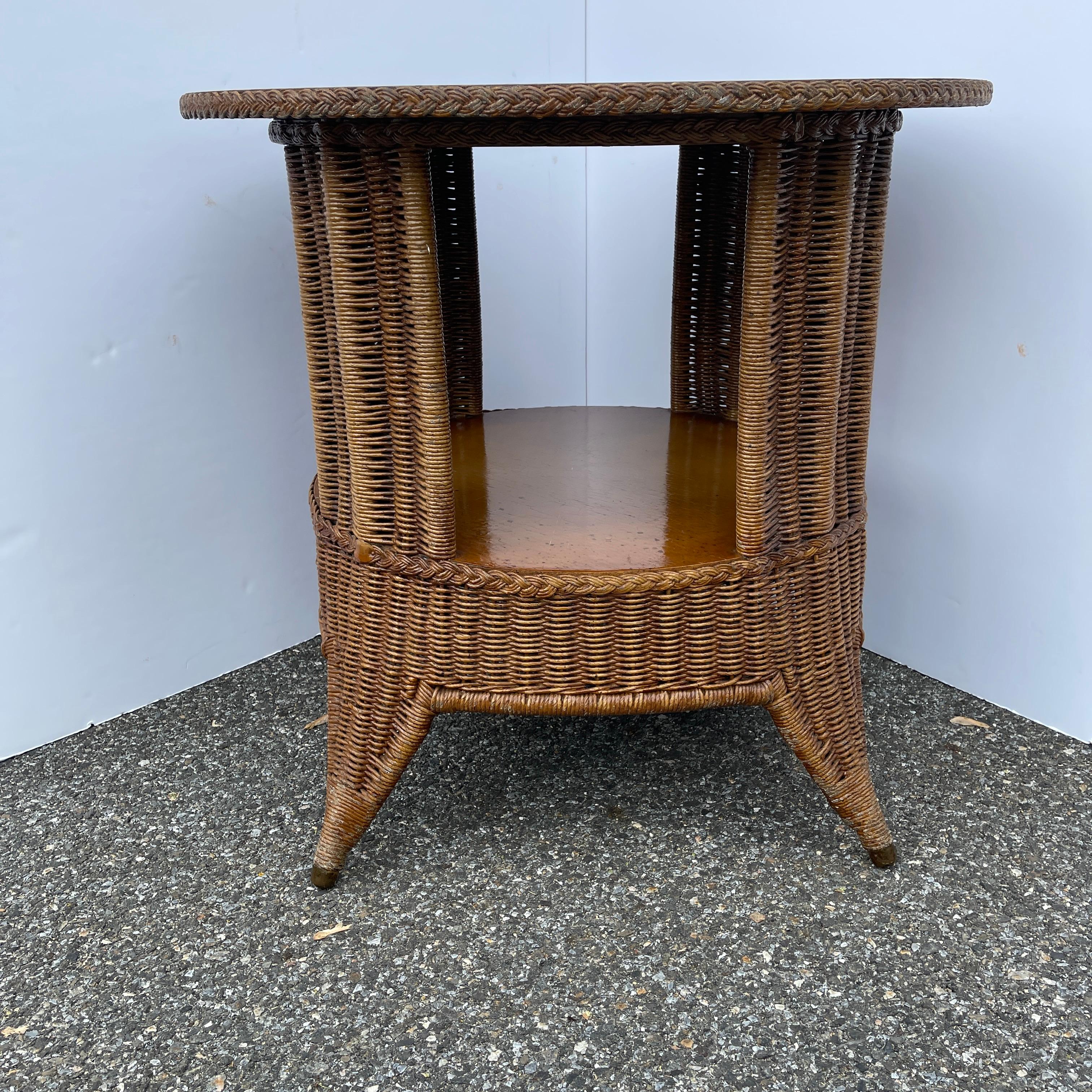 Mid-Century Modern Wicker and Wood Round Side Table 2