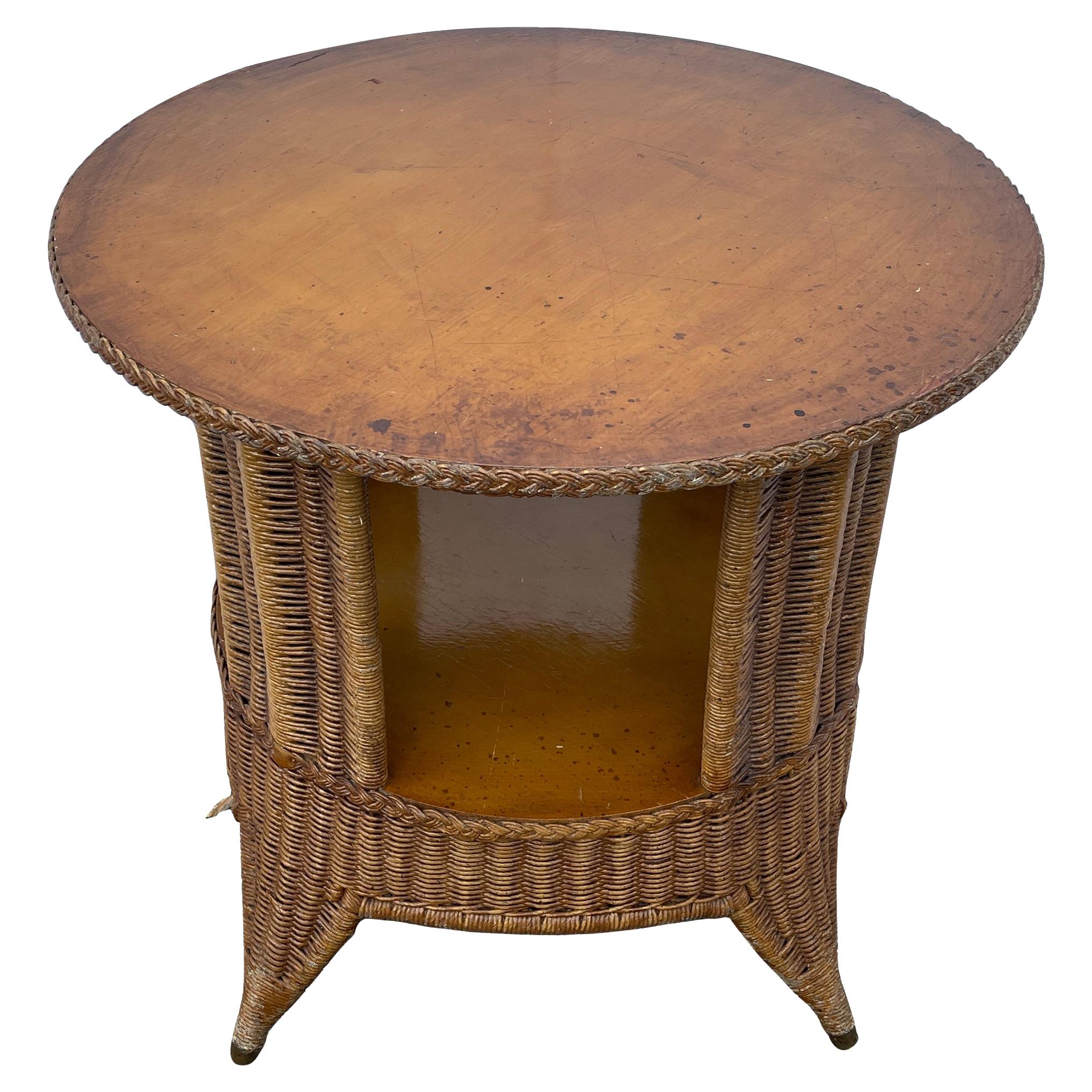Mid-Century Modern Wicker and Wood Round Side Table